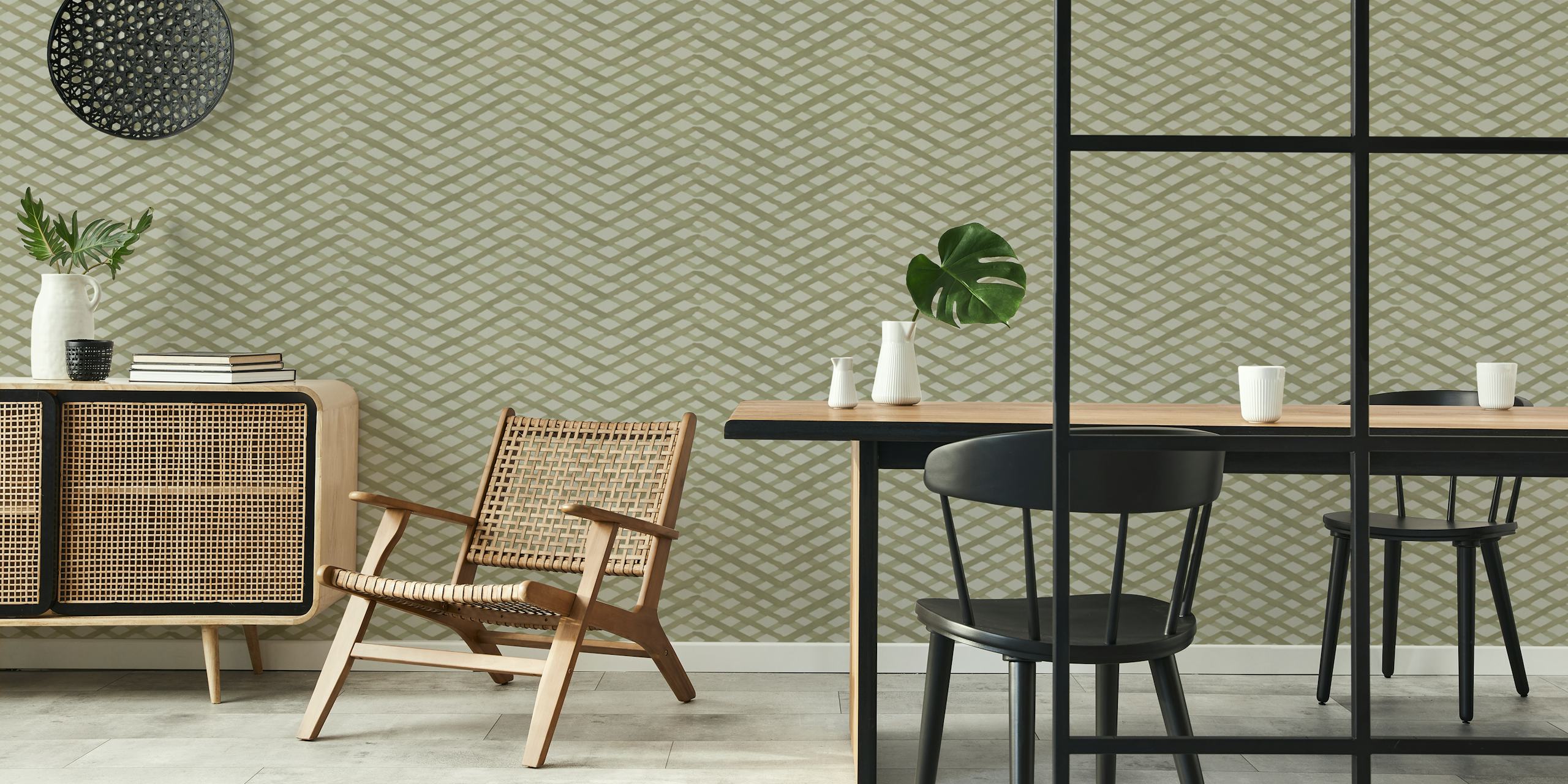 Papel de parede Grid Greens em uma configuração de quarto