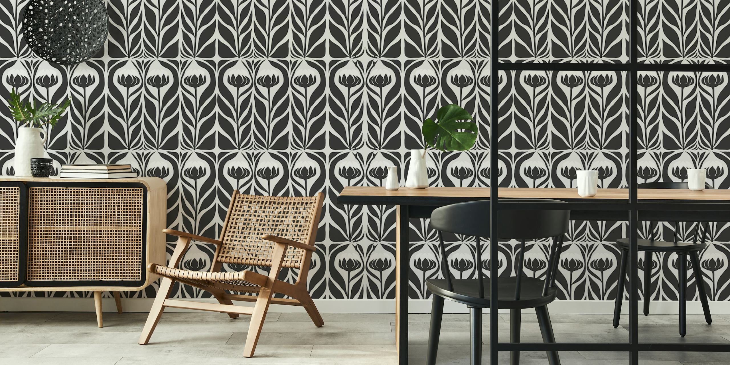 Black flower wallpaper displayed in a room