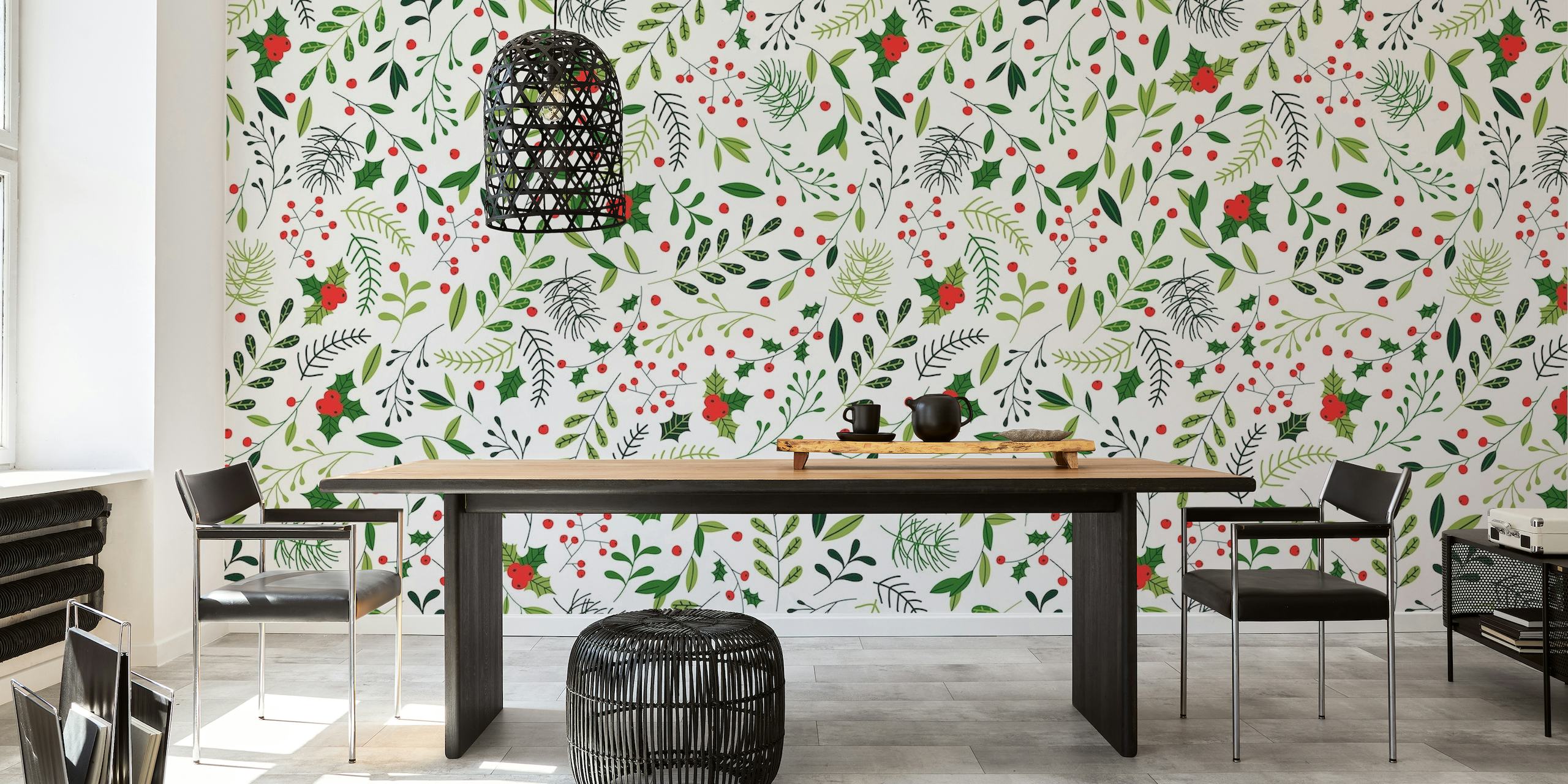 Flowprogress botanical wall mural with greenery and red berries