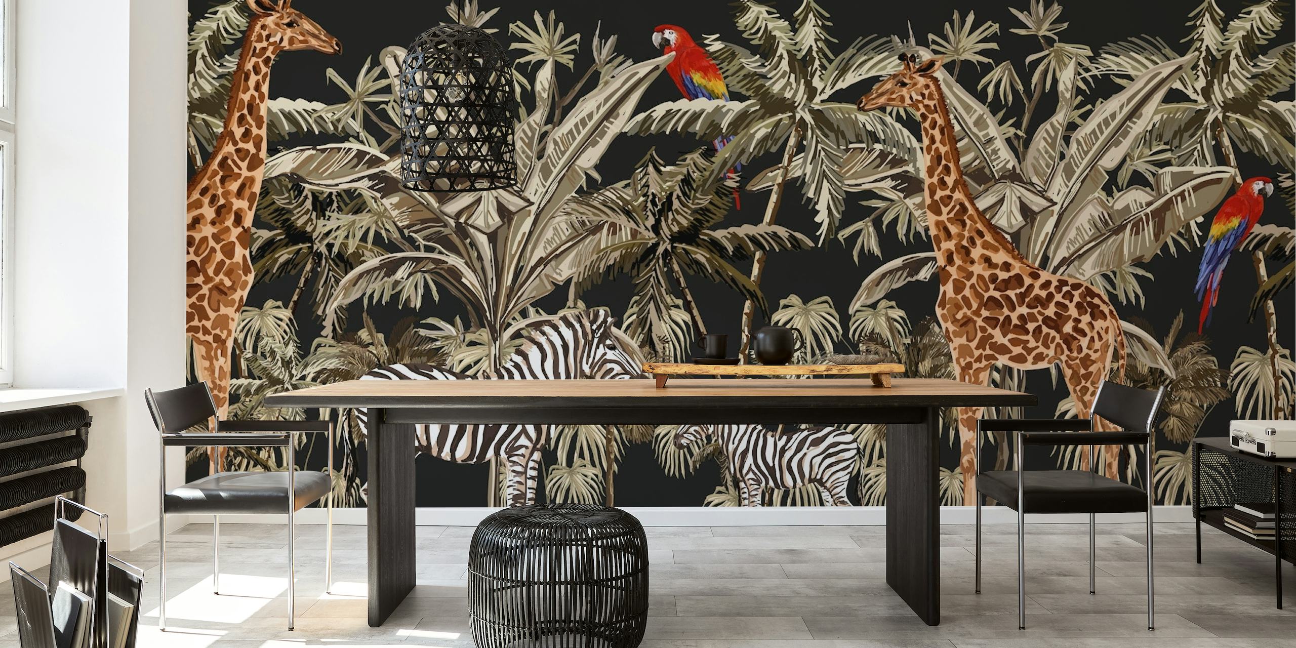 Fototapet av giraffer och zebror bland palmer på en svart bakgrund