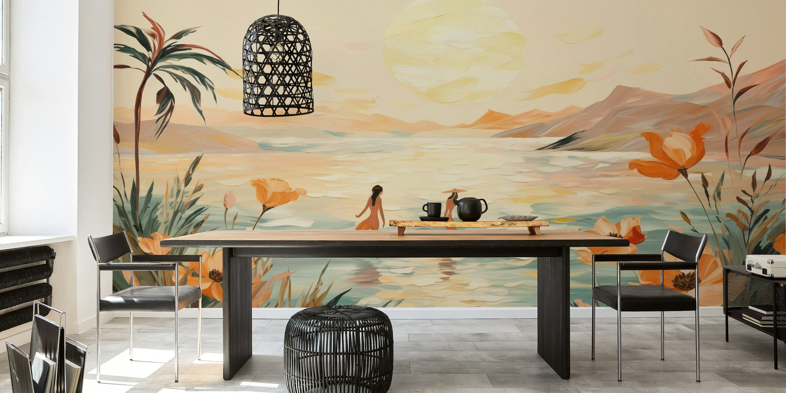 Mural de parede estilo impressionista de duas figuras em uma praia ao pôr do sol com palmeiras e flores