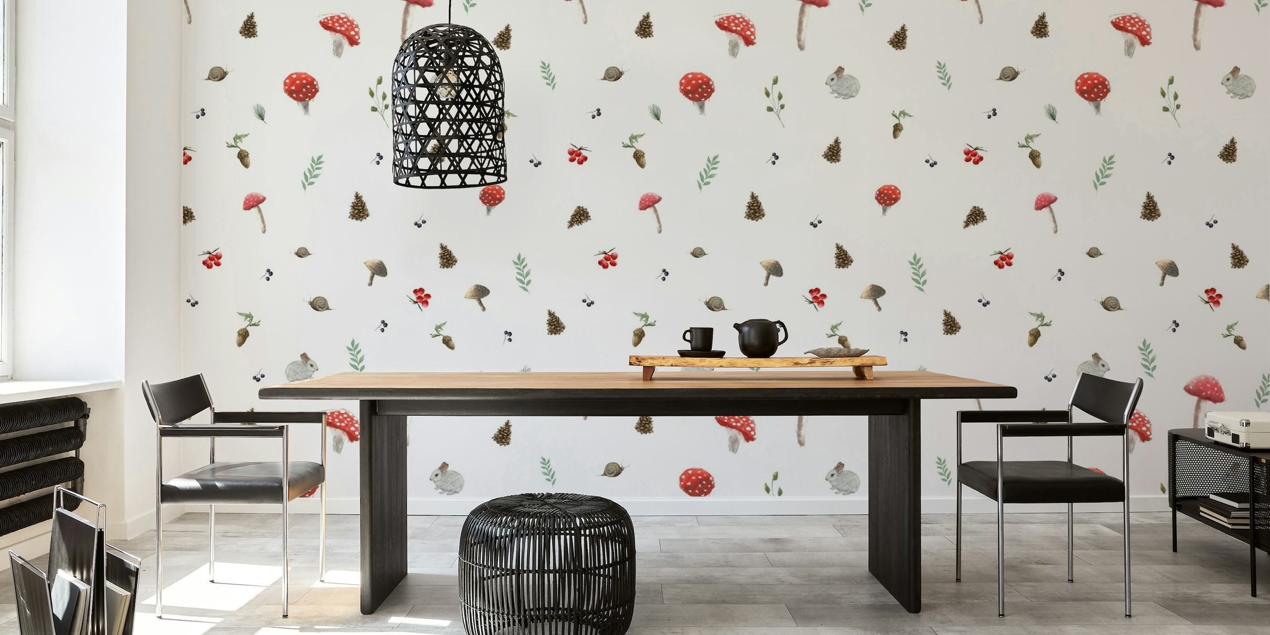 Autumn-inspired wall mural with a soft pattern of mushrooms in warm, earthy tones on a light background.