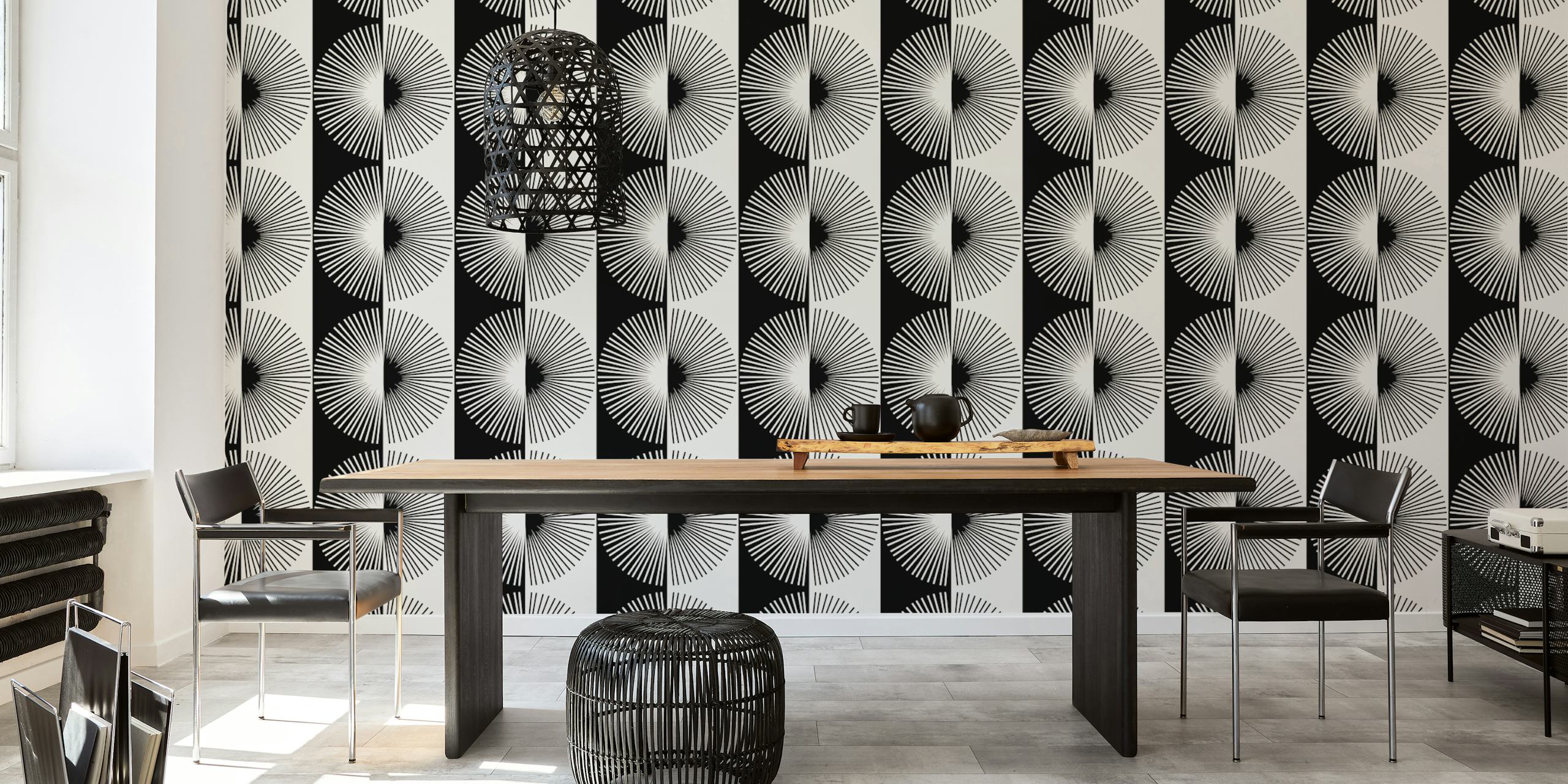 Black and white geometric pattern wallpaper with circular designs