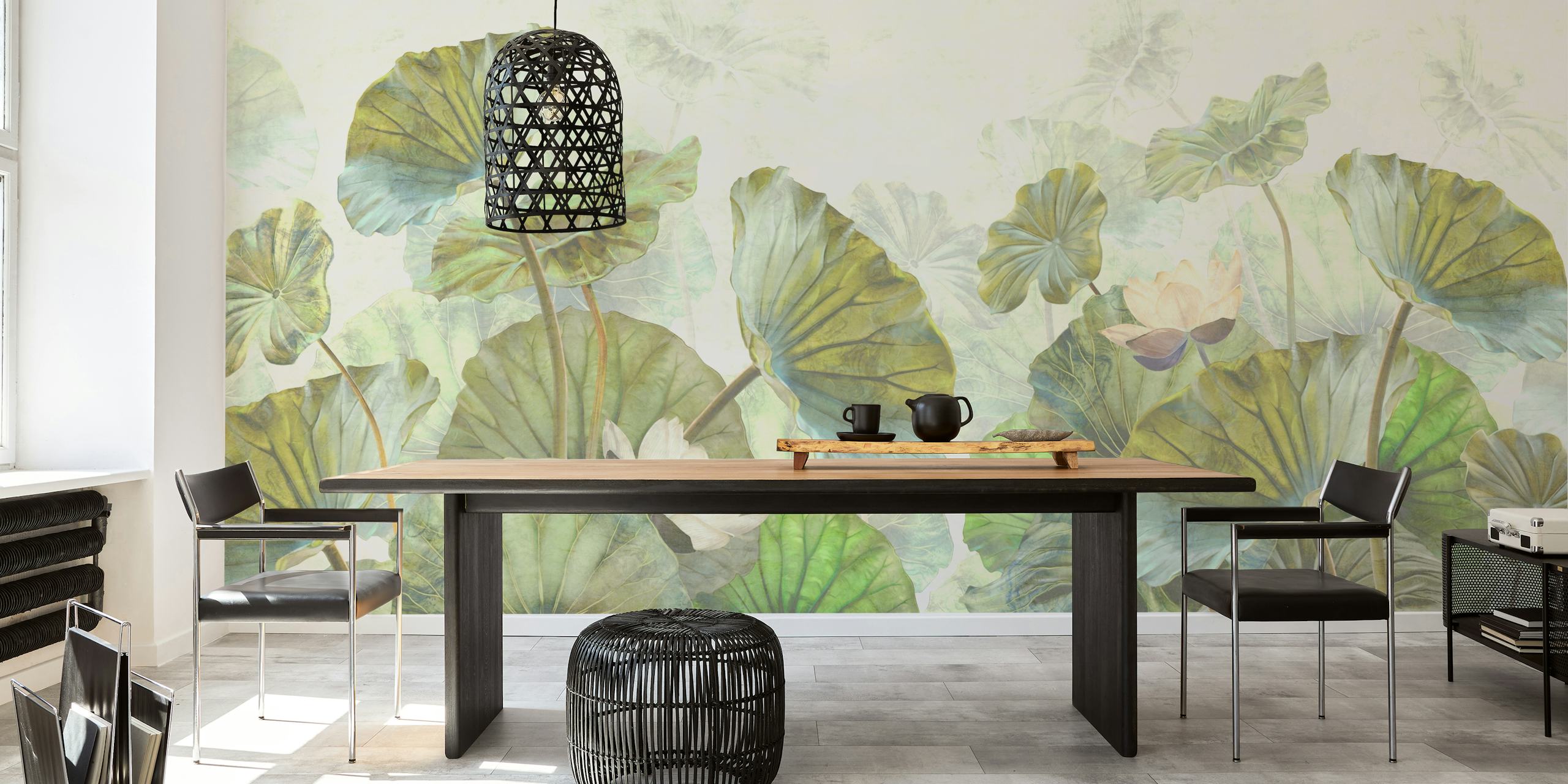 Lotus leaves and flowers in green hues, floral wallpaper