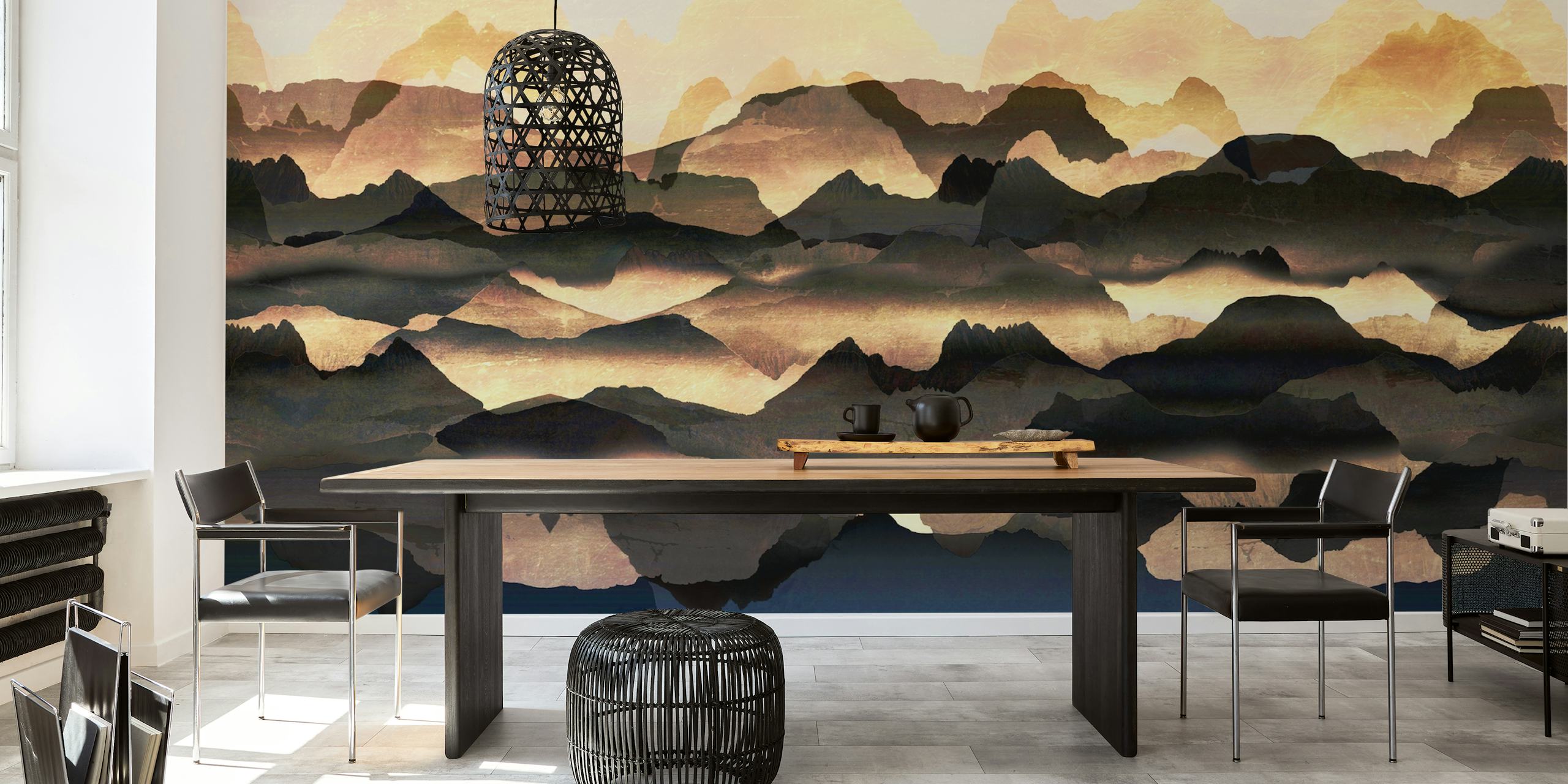 Golden mountain landscape wallpaper featuring layered black and gold mountains.