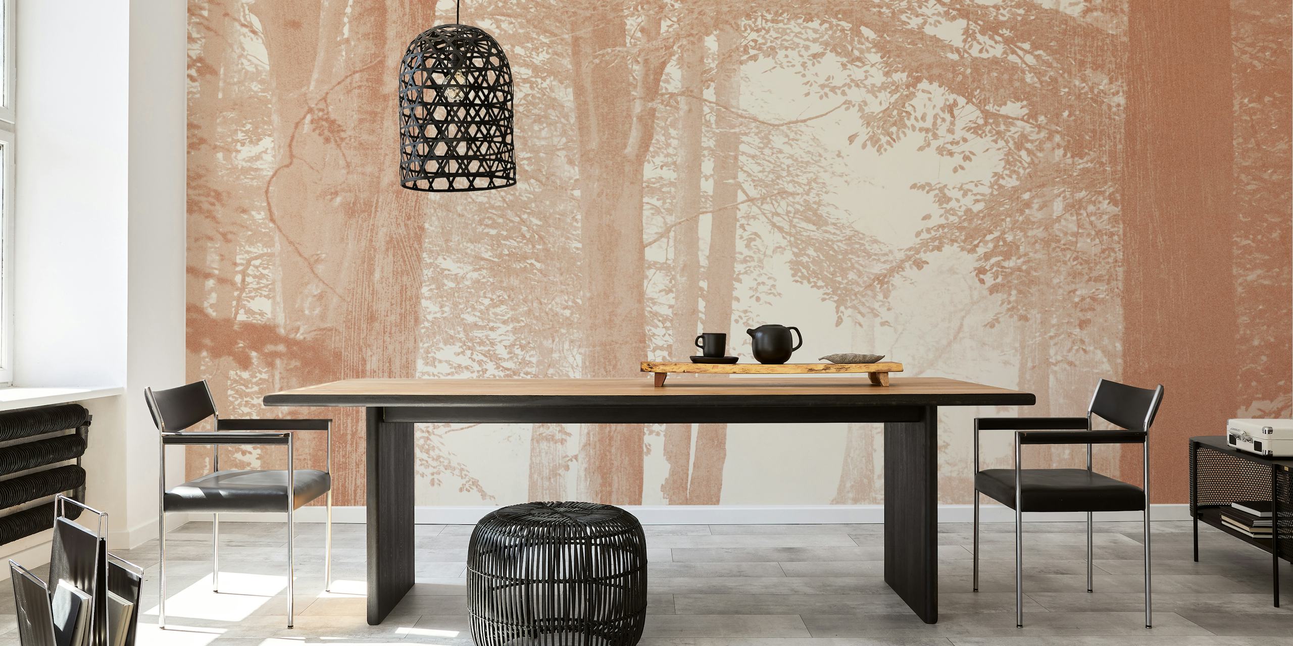 Brown forest silhouette wallpaper with soft light and trees