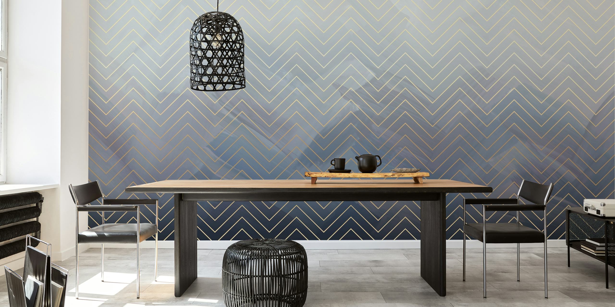 Chevron pattern in gradient blue and black with gold lines wallpaper