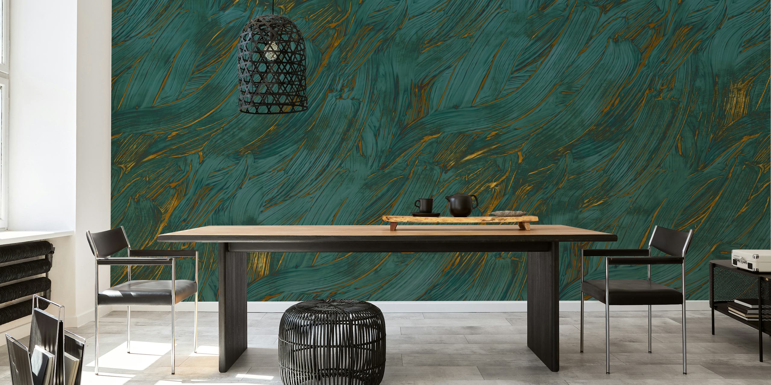 Teal and gold abstract brushstroke pattern wallpaper