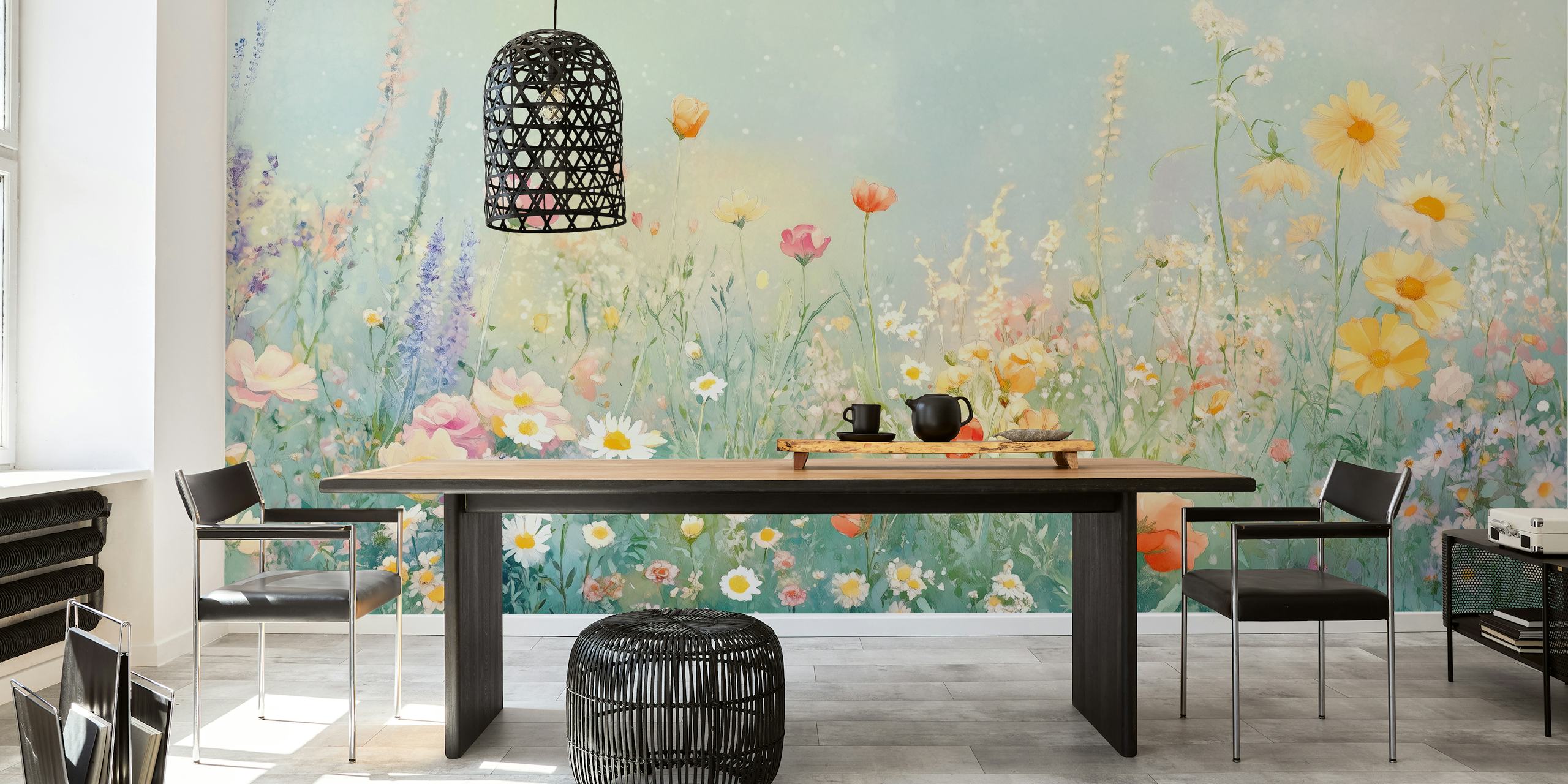 Colorful flowers in a blooming meadow; watercolor wallpaper