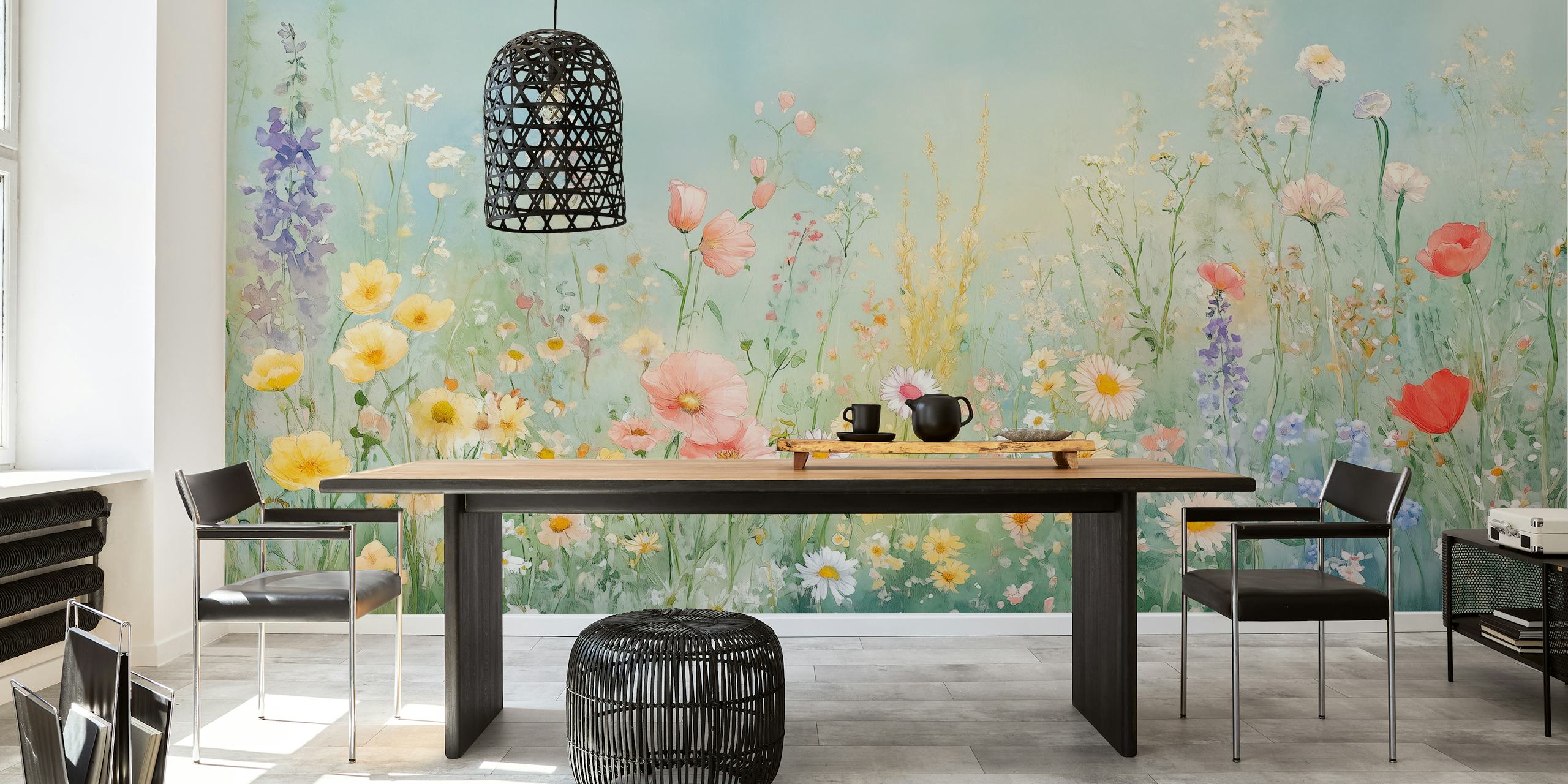 Watercolor floral meadow with colorful flowers in soft pastels wallpaper