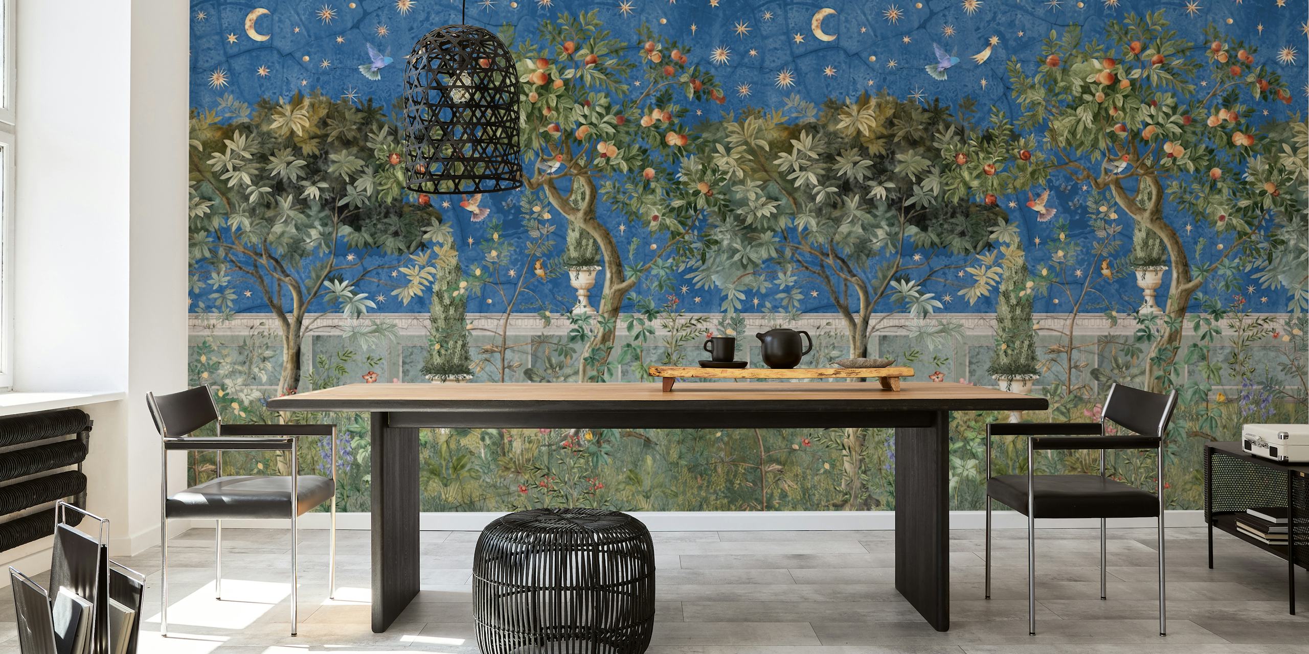 Starry Orchard Dreams Midnight papel de parede em um quarto