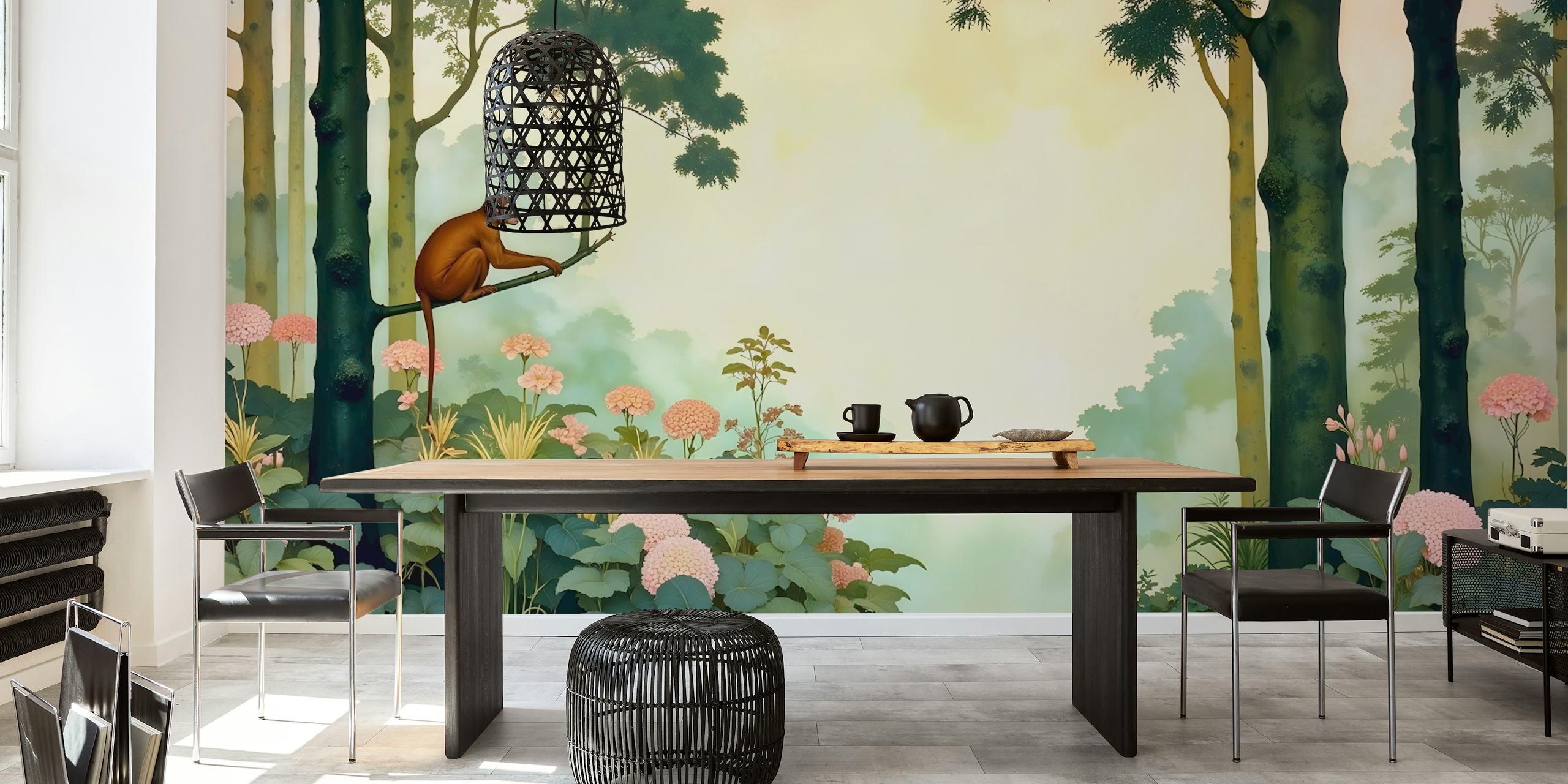 Tropical jungle scene with monkeys, pink flowers, and green foliage wallpaper