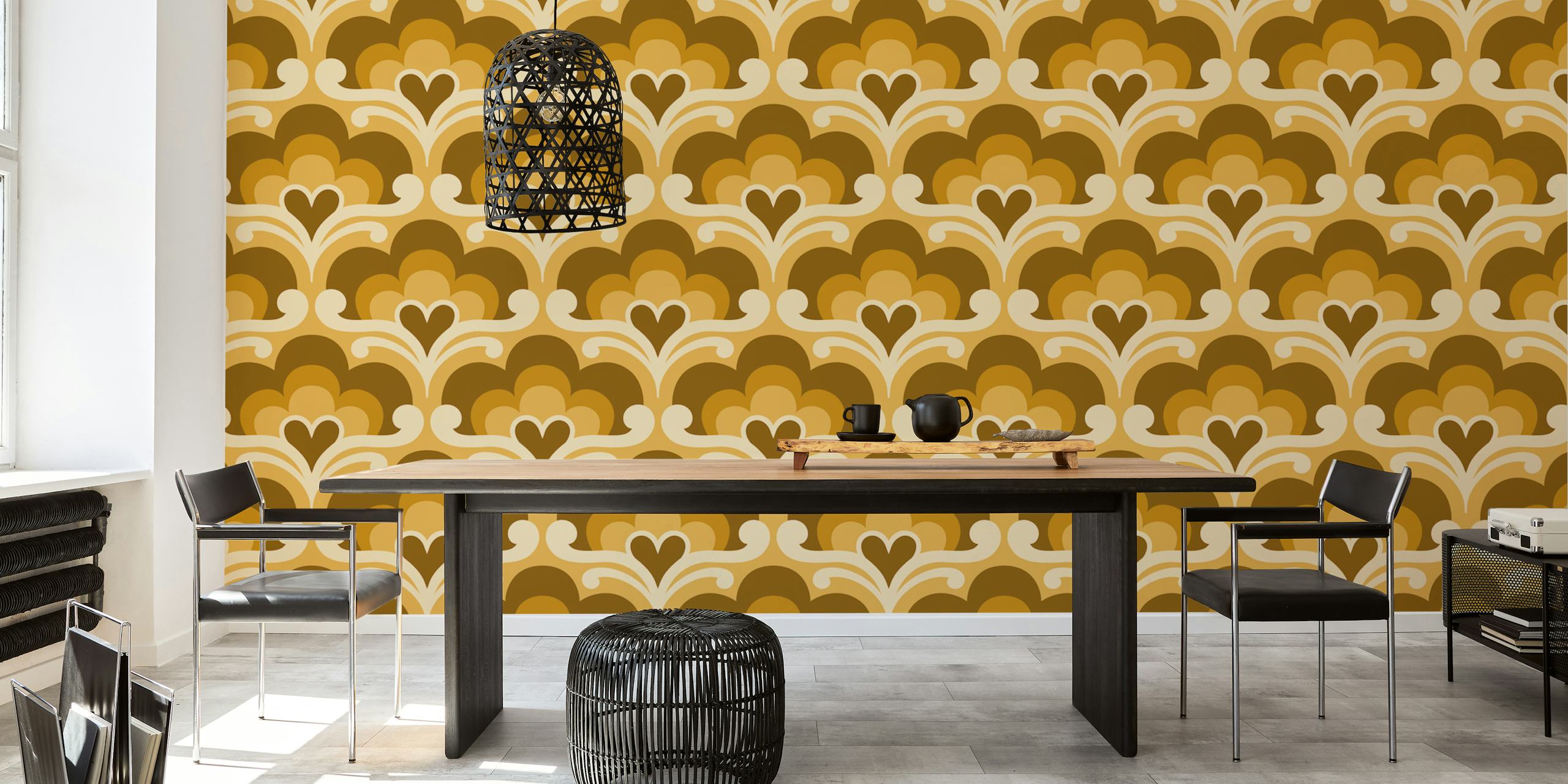 Golden Retro Blossoms wallpaper in a room