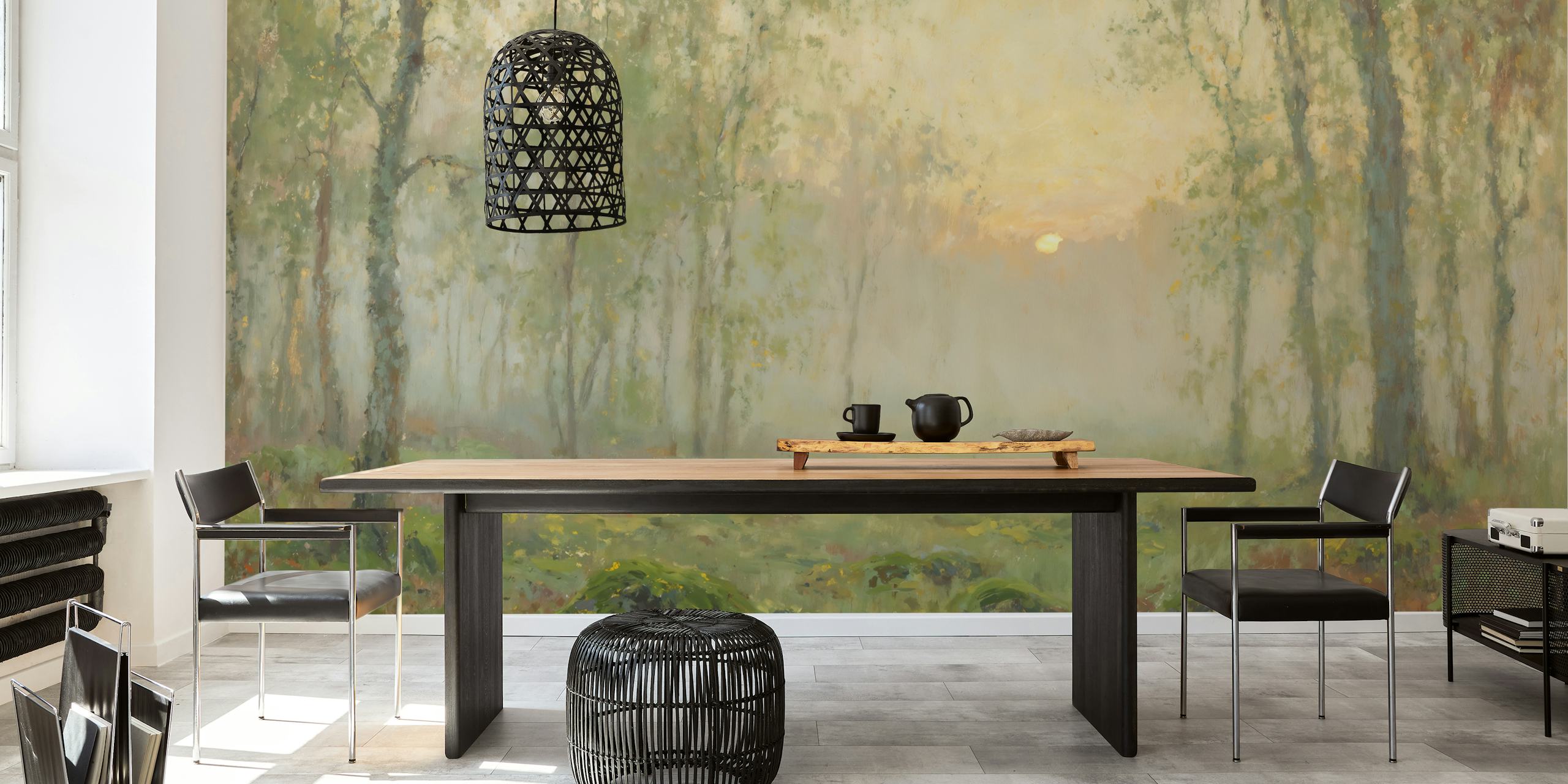 Misty forest at sunrise wallpaper in a room