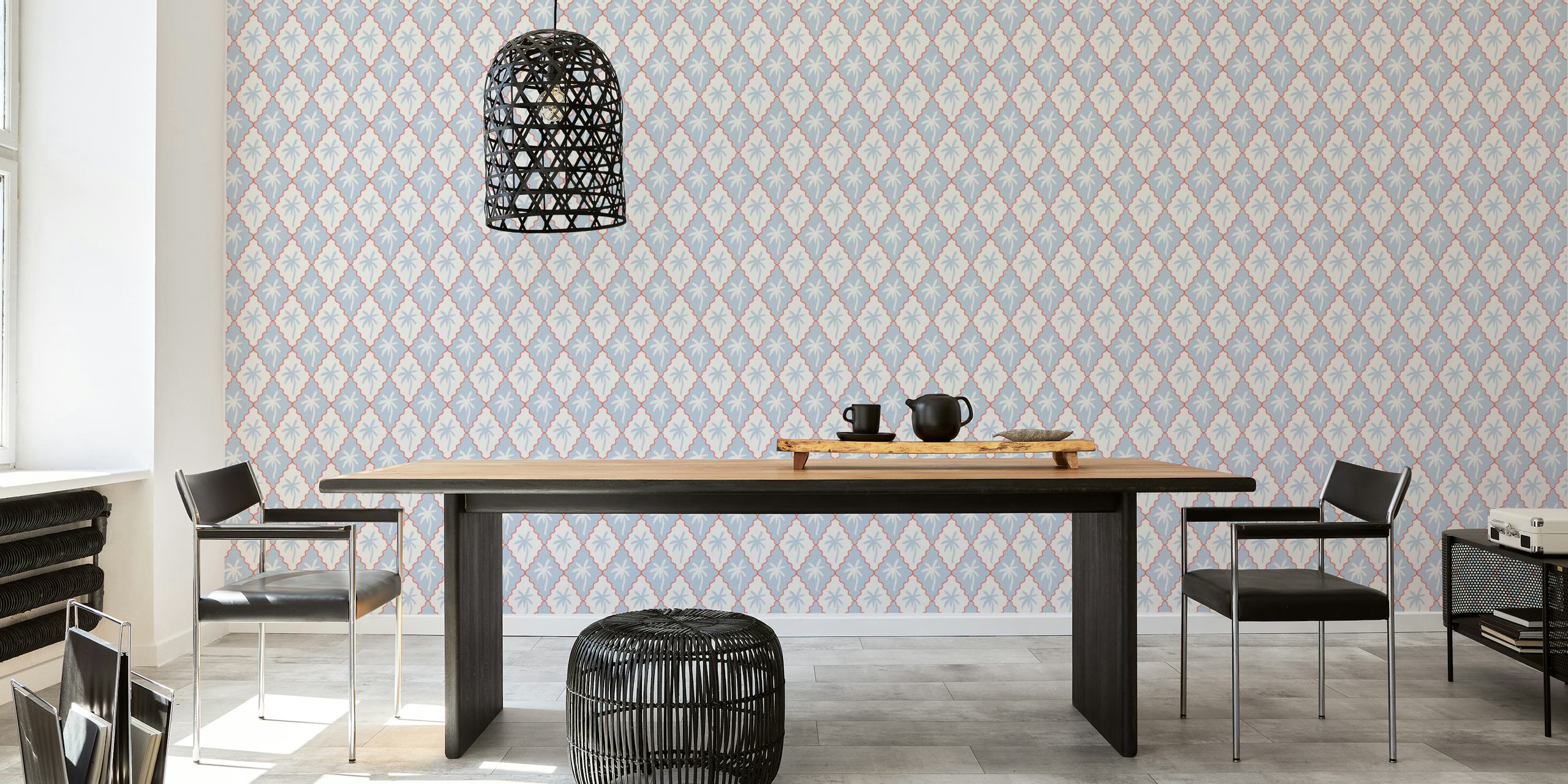 Scalloped diamonds with palms wallpaper in room