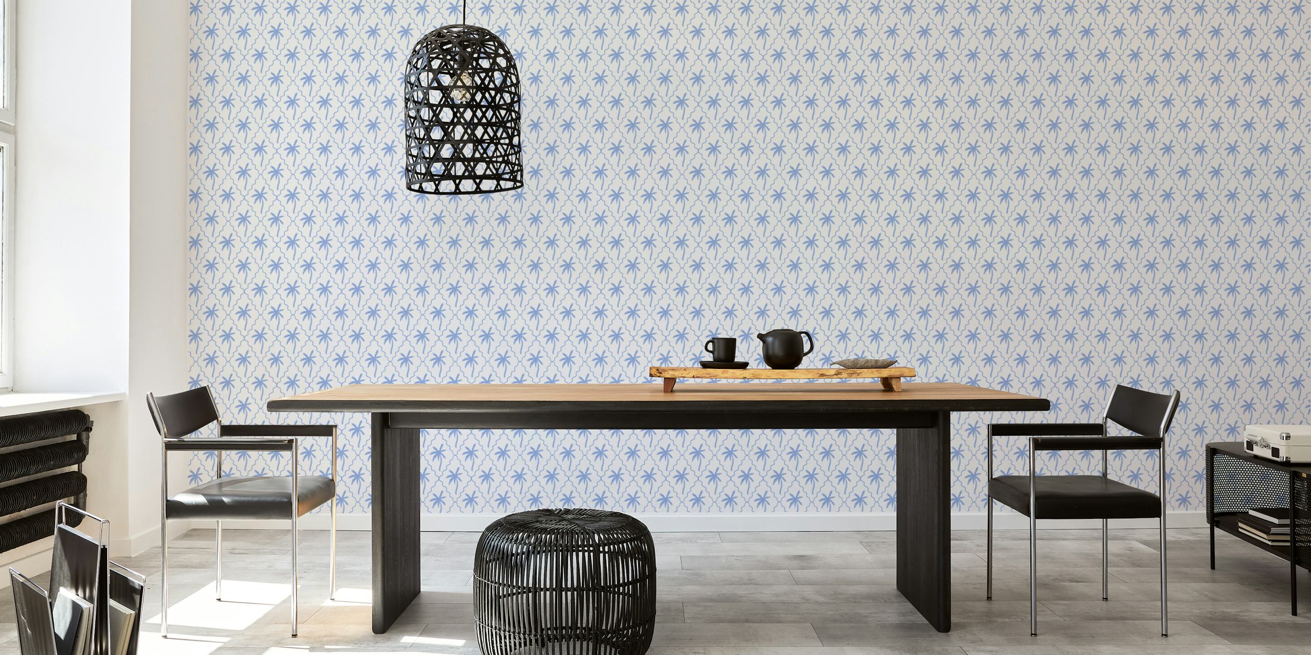 Bright blue palms and scalloped diamonds wallpaper