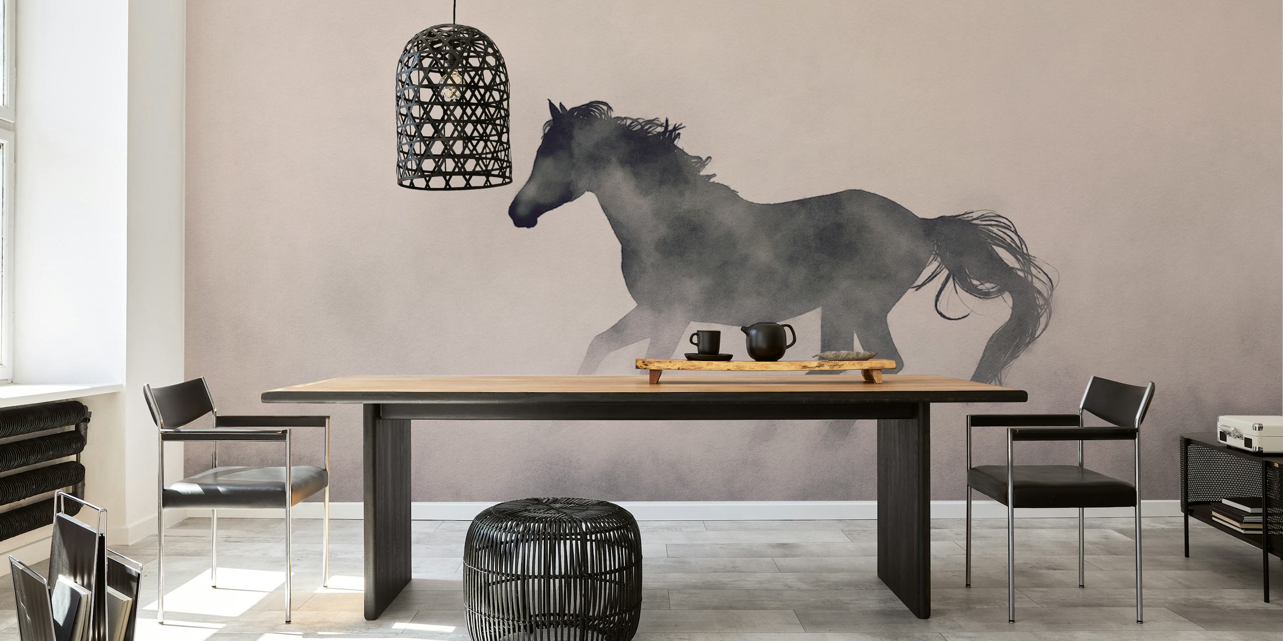 Wild horse in fog silhouette, gray tones, artistic wallpaper