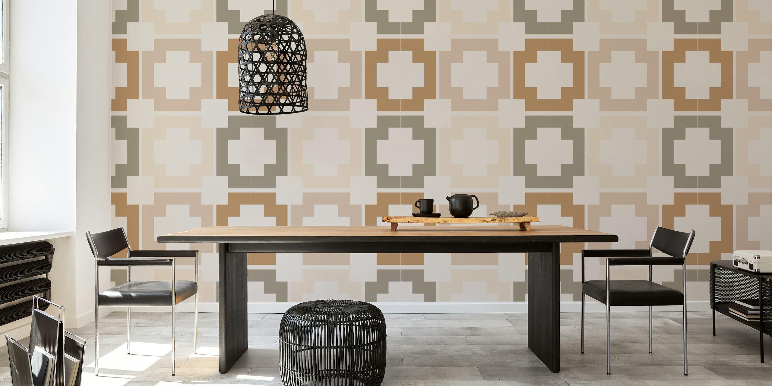 Geometric pattern in brown, beige, and cream colors wallpaper