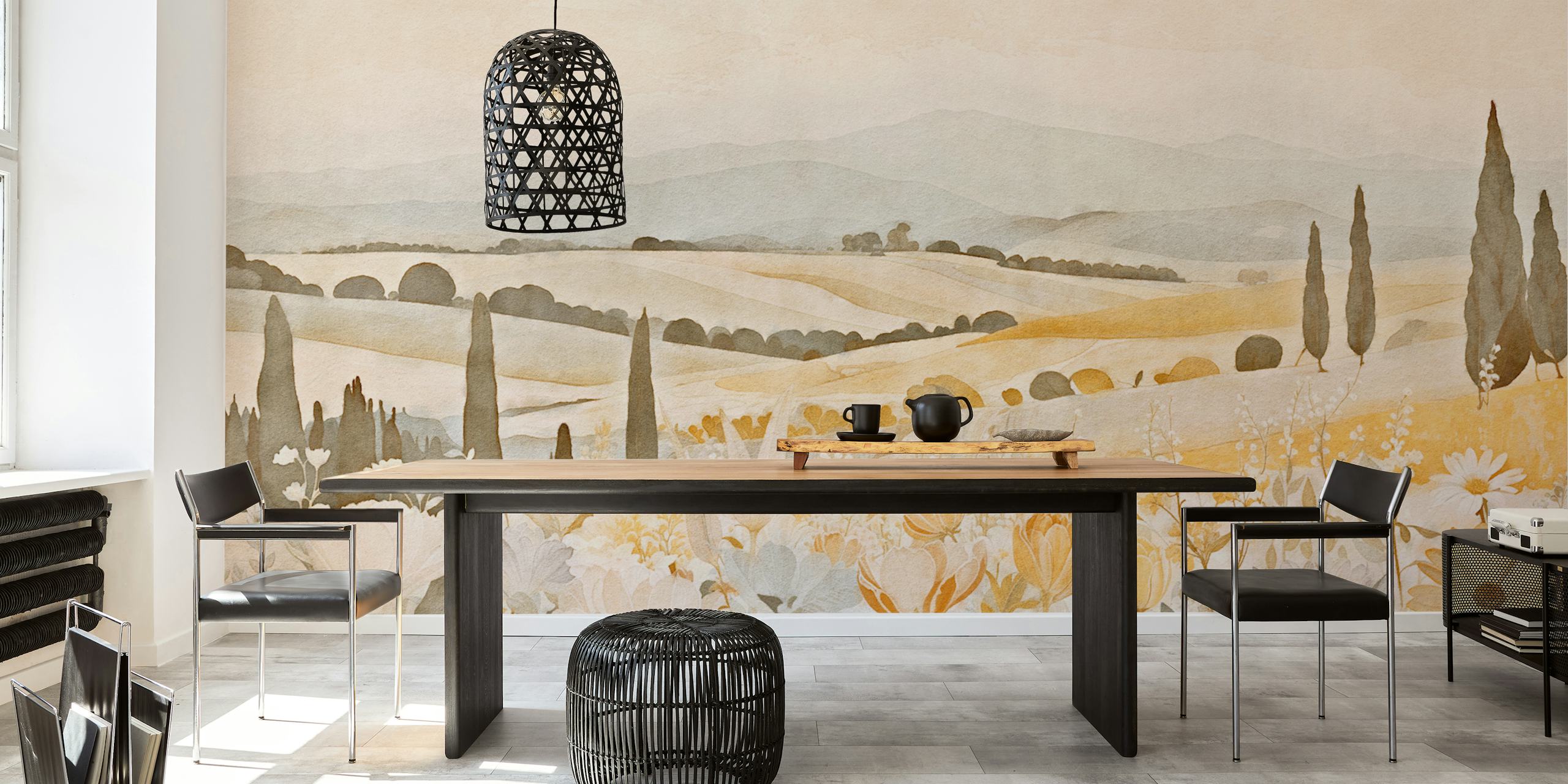 Soft landscape with hills and flowers in beige pastel colors wallpaper