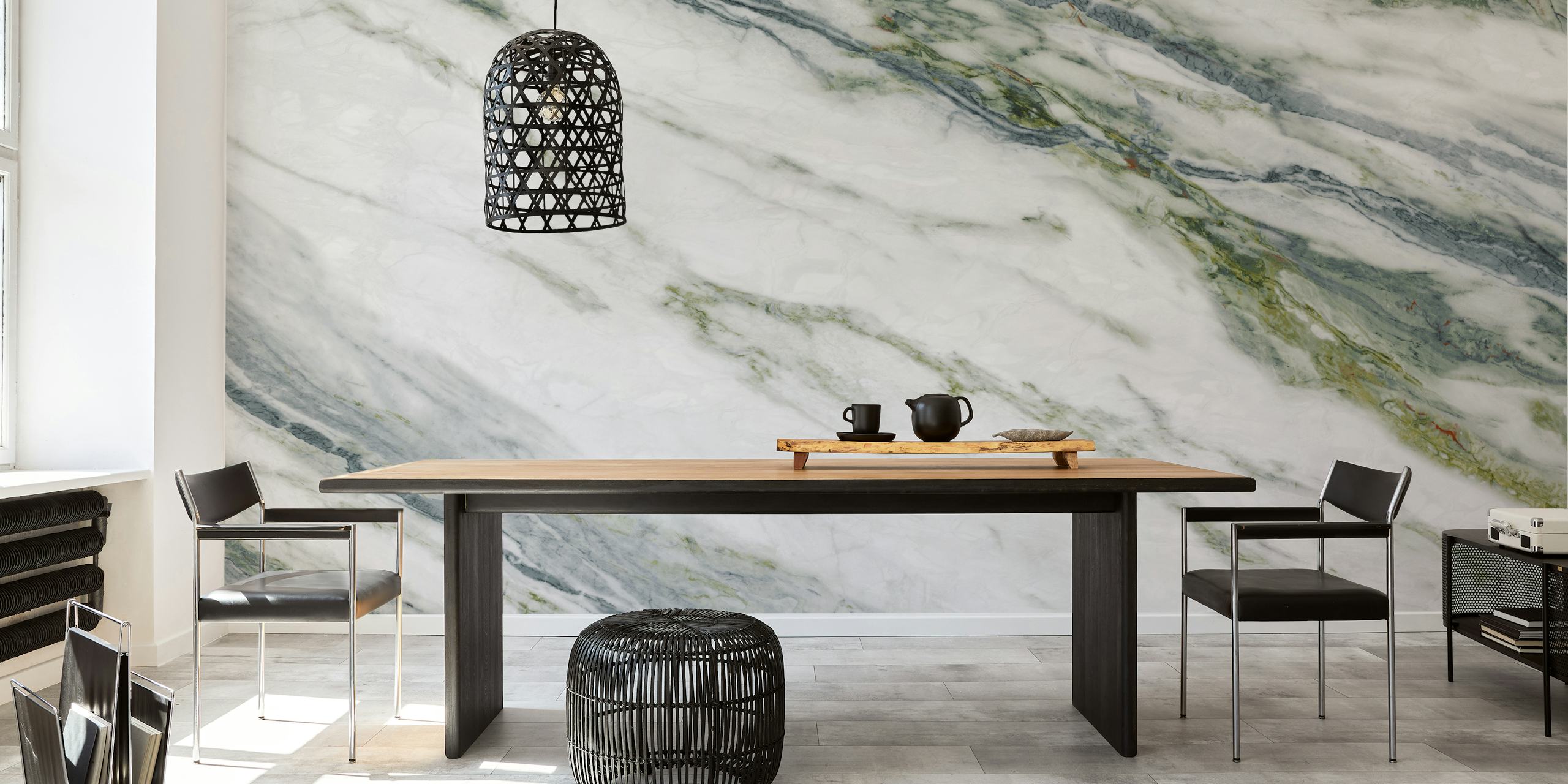 Calacatta Verde marble pattern wallpaper featuring white and green veining.