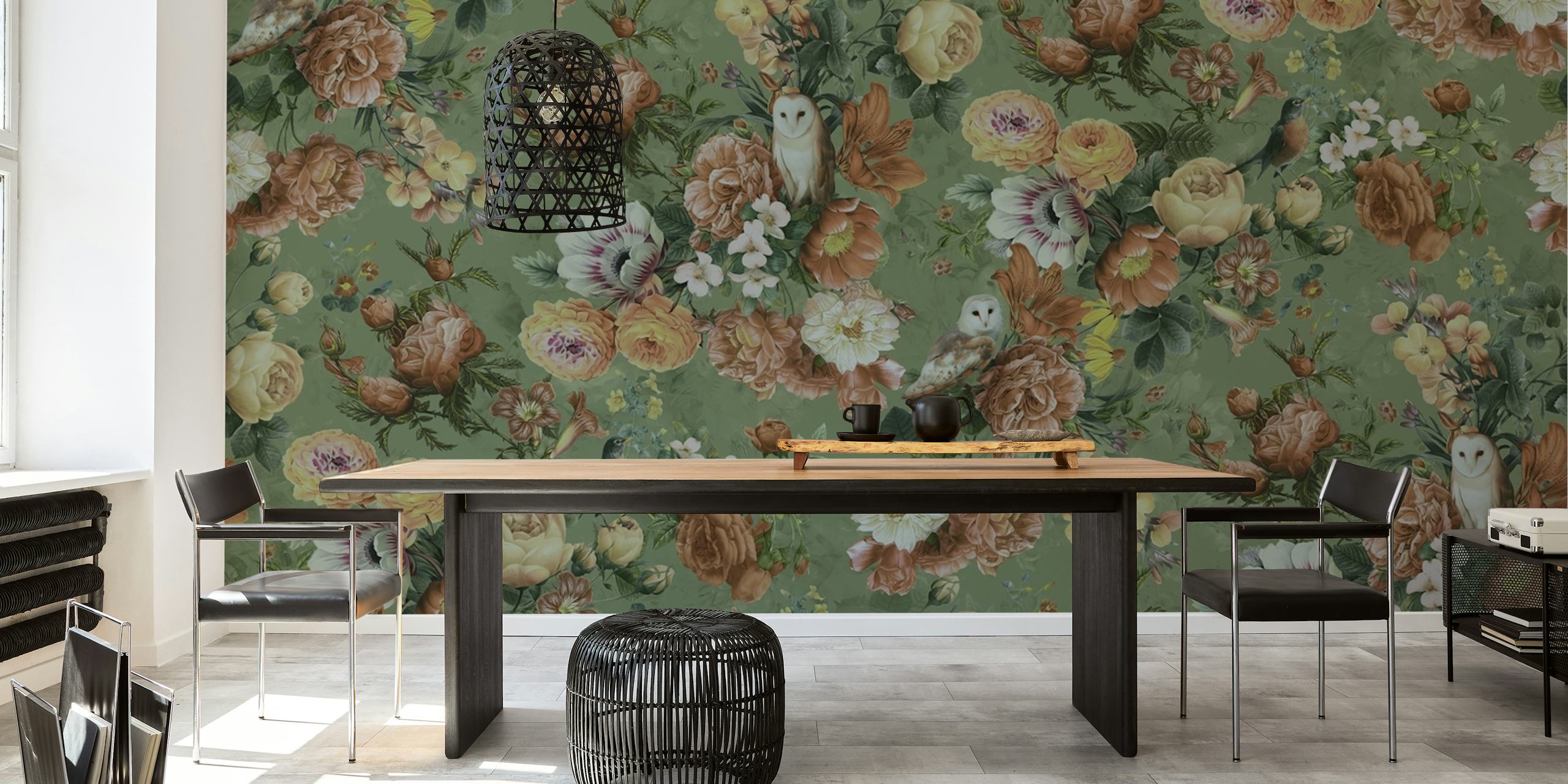 Owl and floral garden design in soft green and warm tones wallpaper