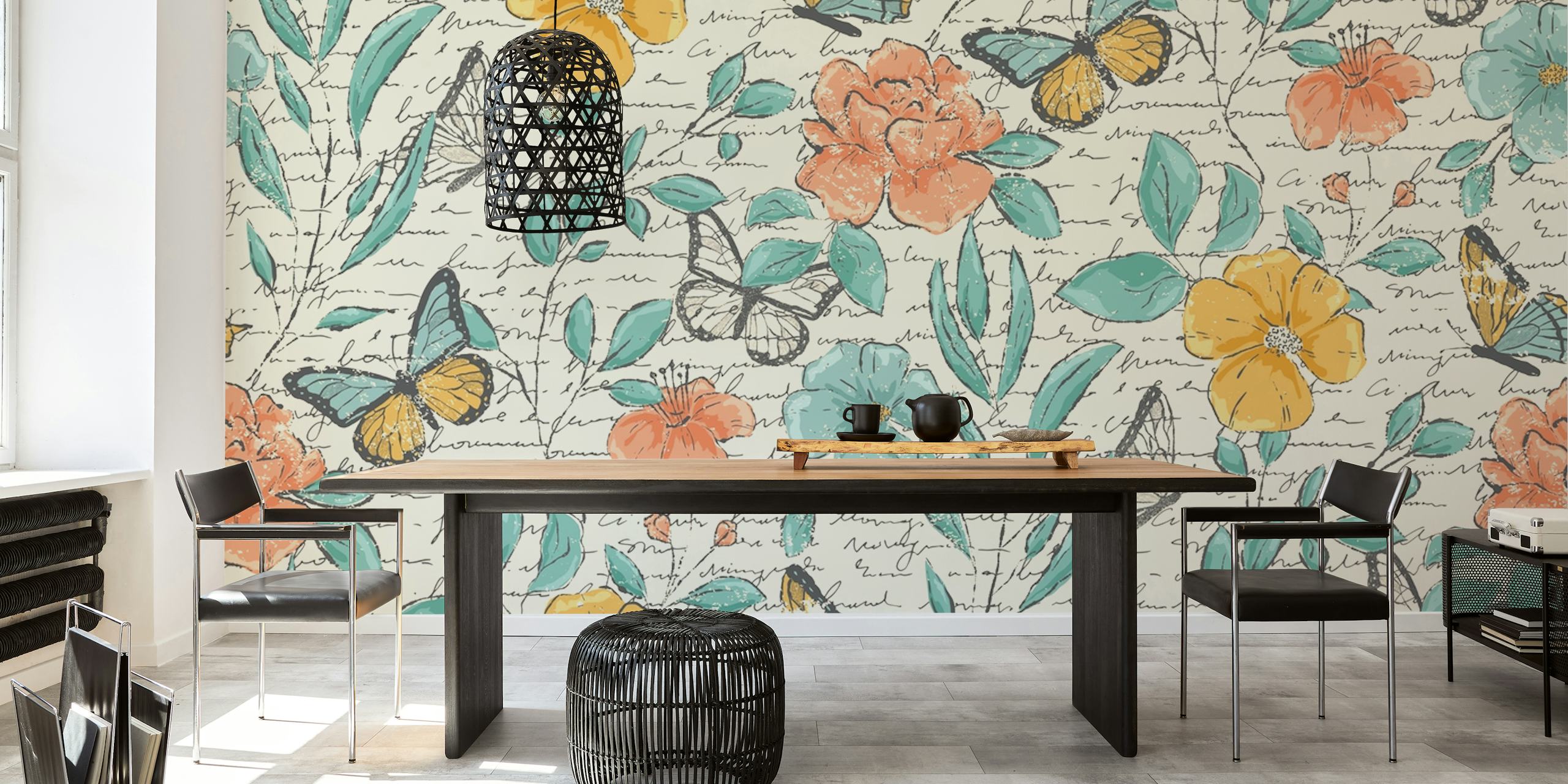 Colorful flowers and butterflies on a beige background wallpaper