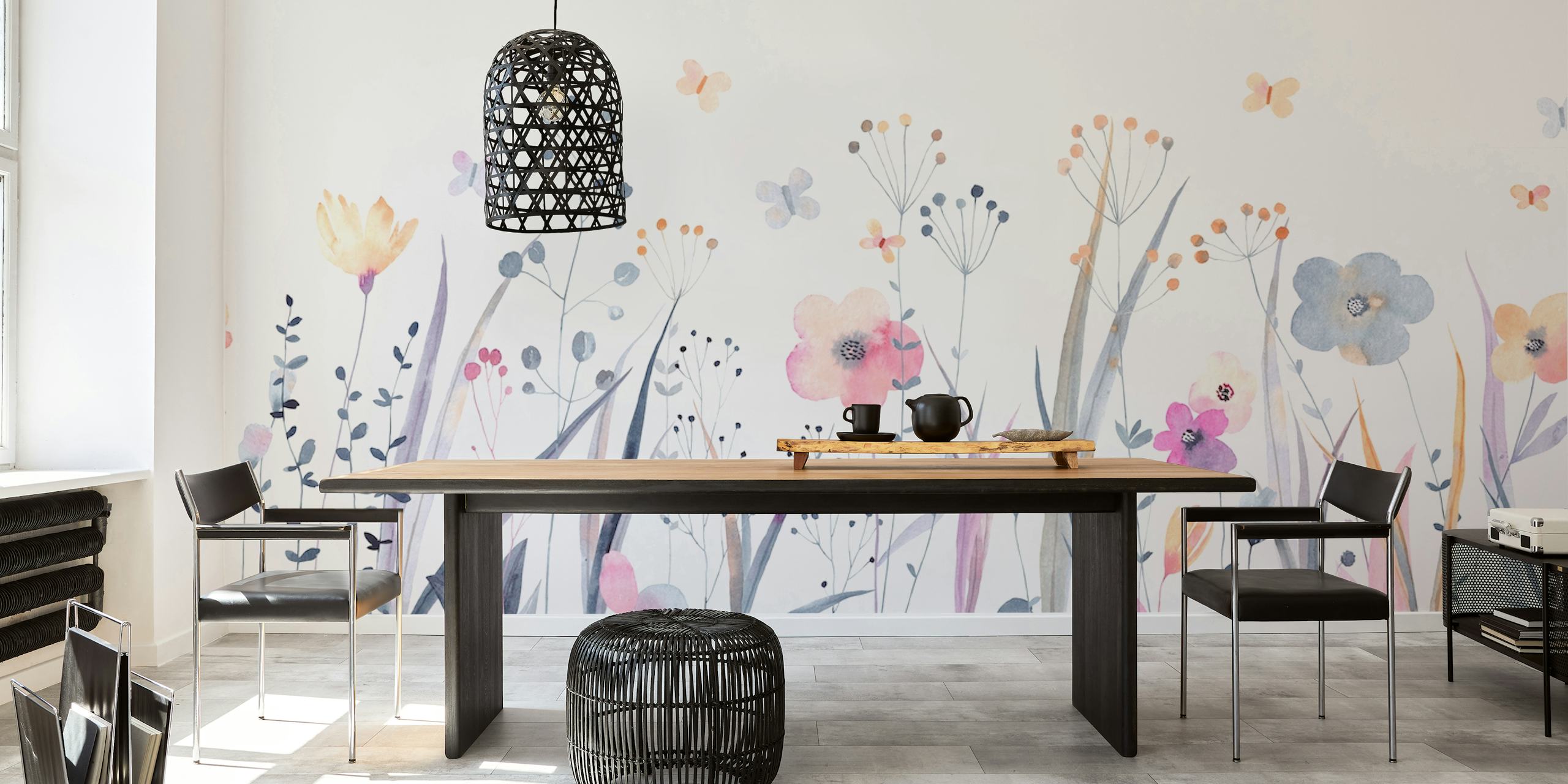 Un murale pacifico con fiori selvatici e farfalle in tonalità pastello