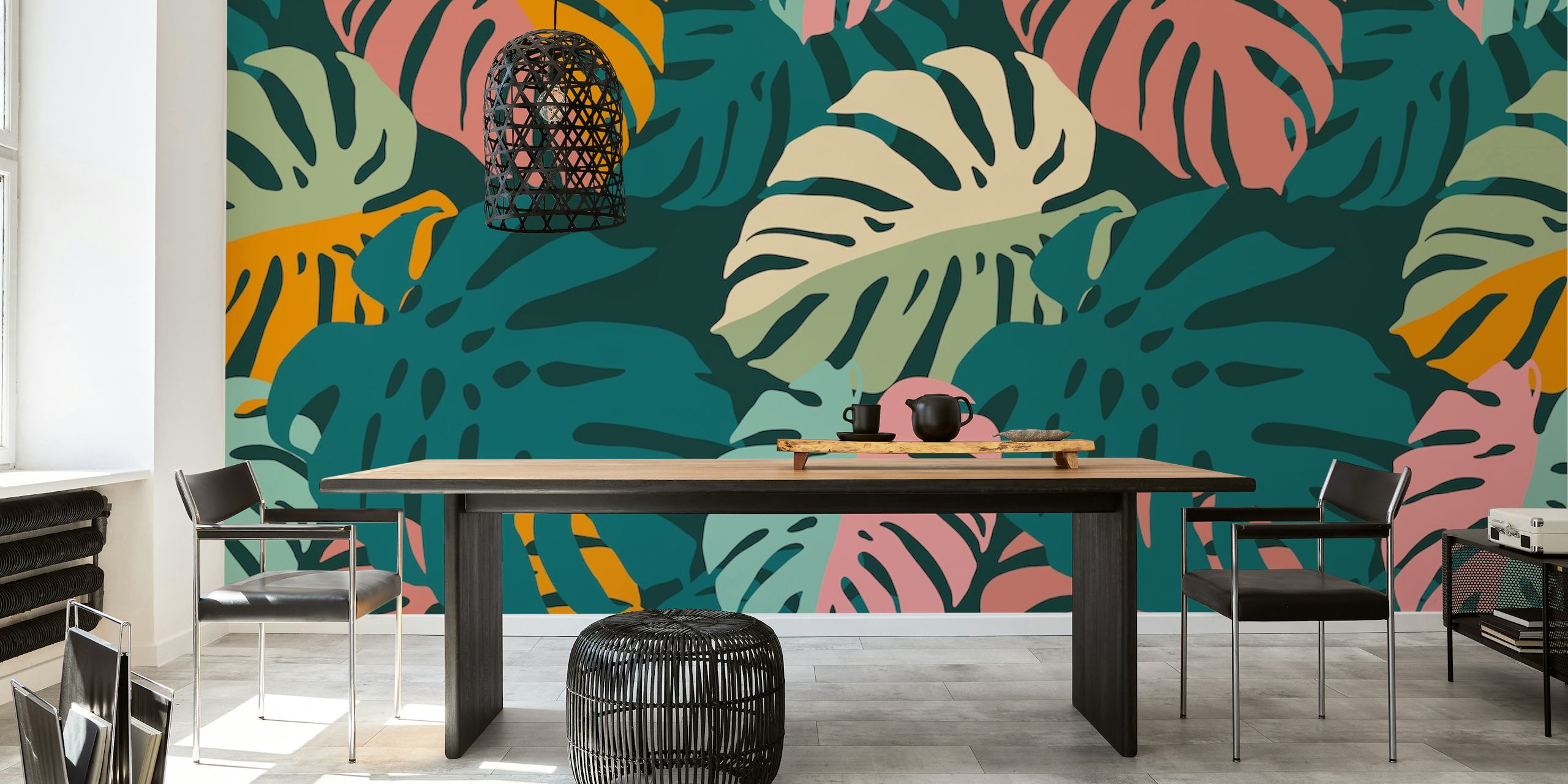 Tropical monstera leaves in green, pink, and orange colors wallpaper