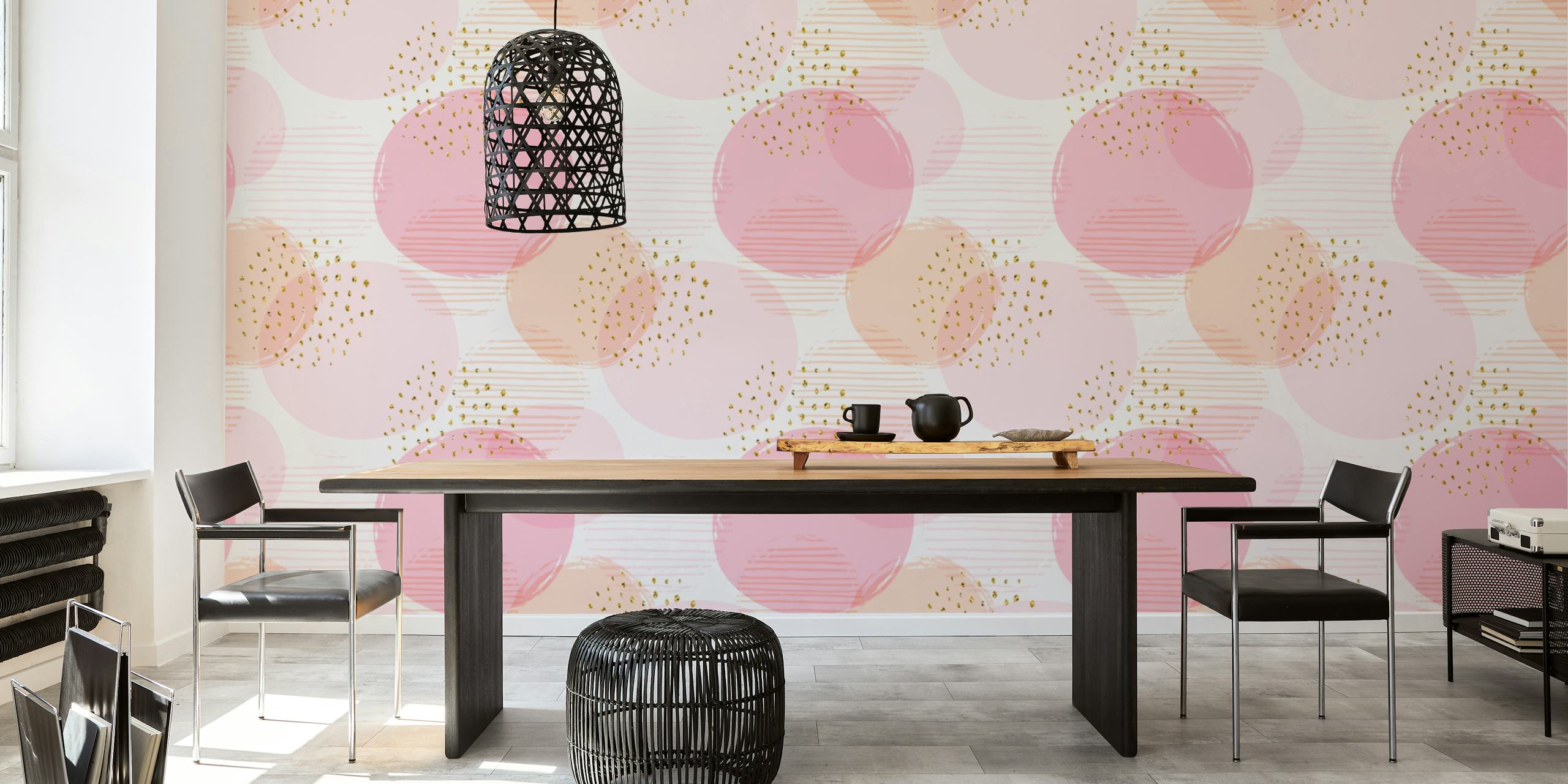 Soft pink circles with gold accents on light background wallpaper