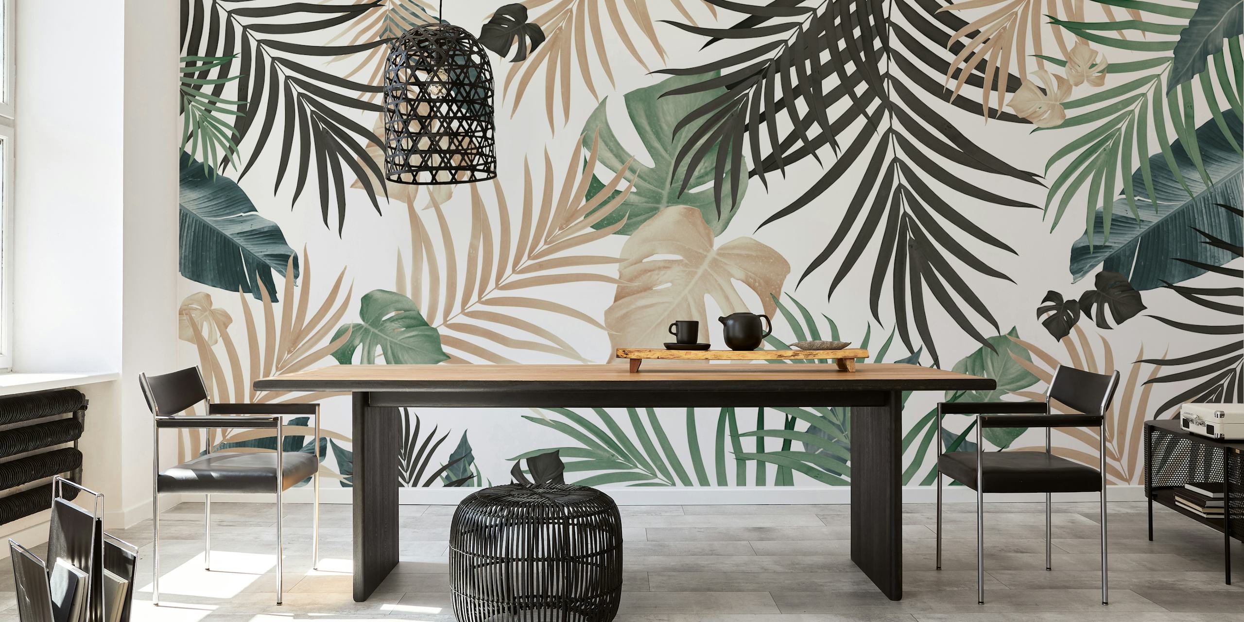 Artistic tropical leaves wall mural with a soft color palette