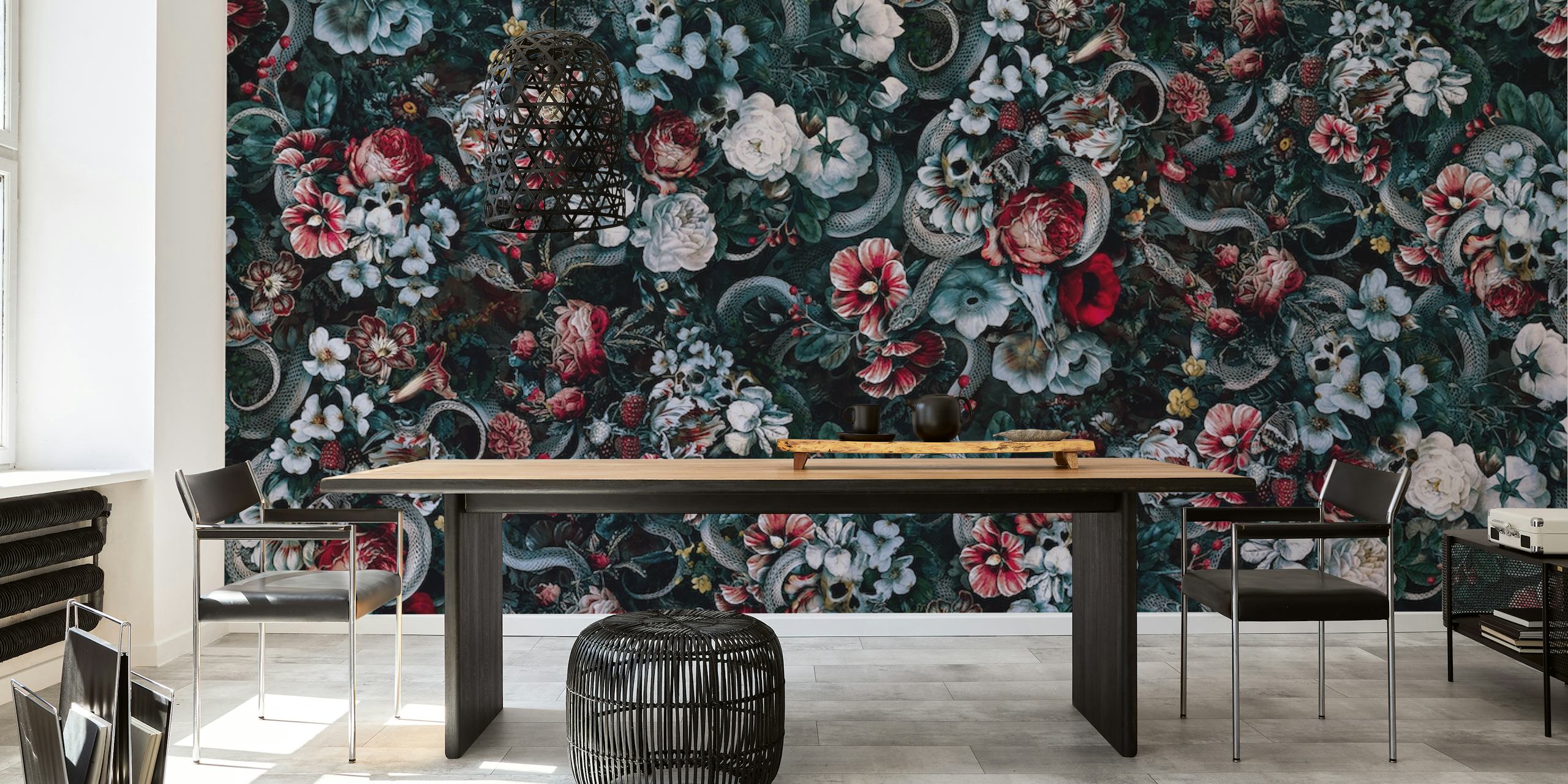 Floral pattern with skulls and snakes in dark colors wallpaper