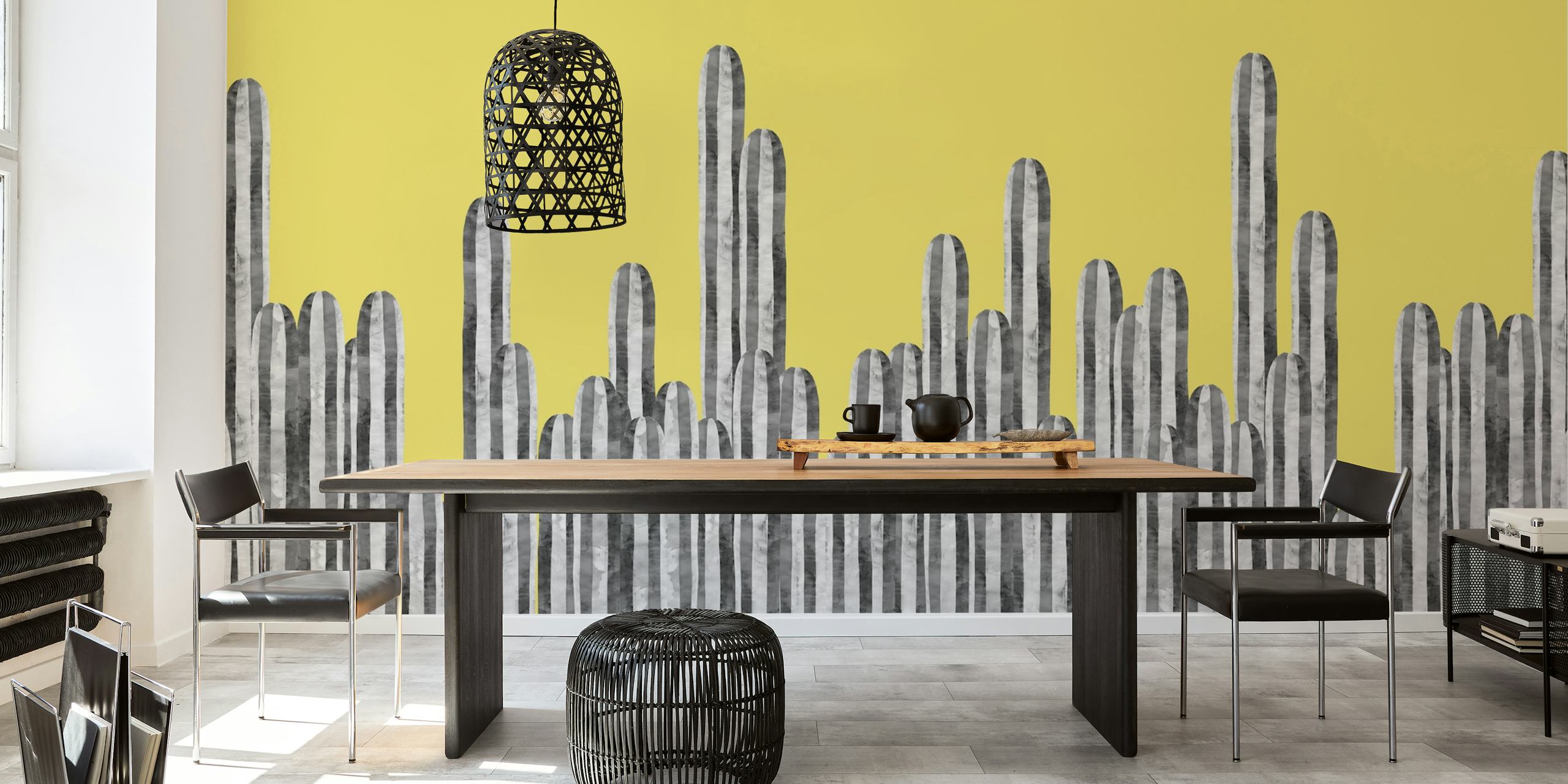 Striped cactus silhouette against a bright yellow background wallpaper