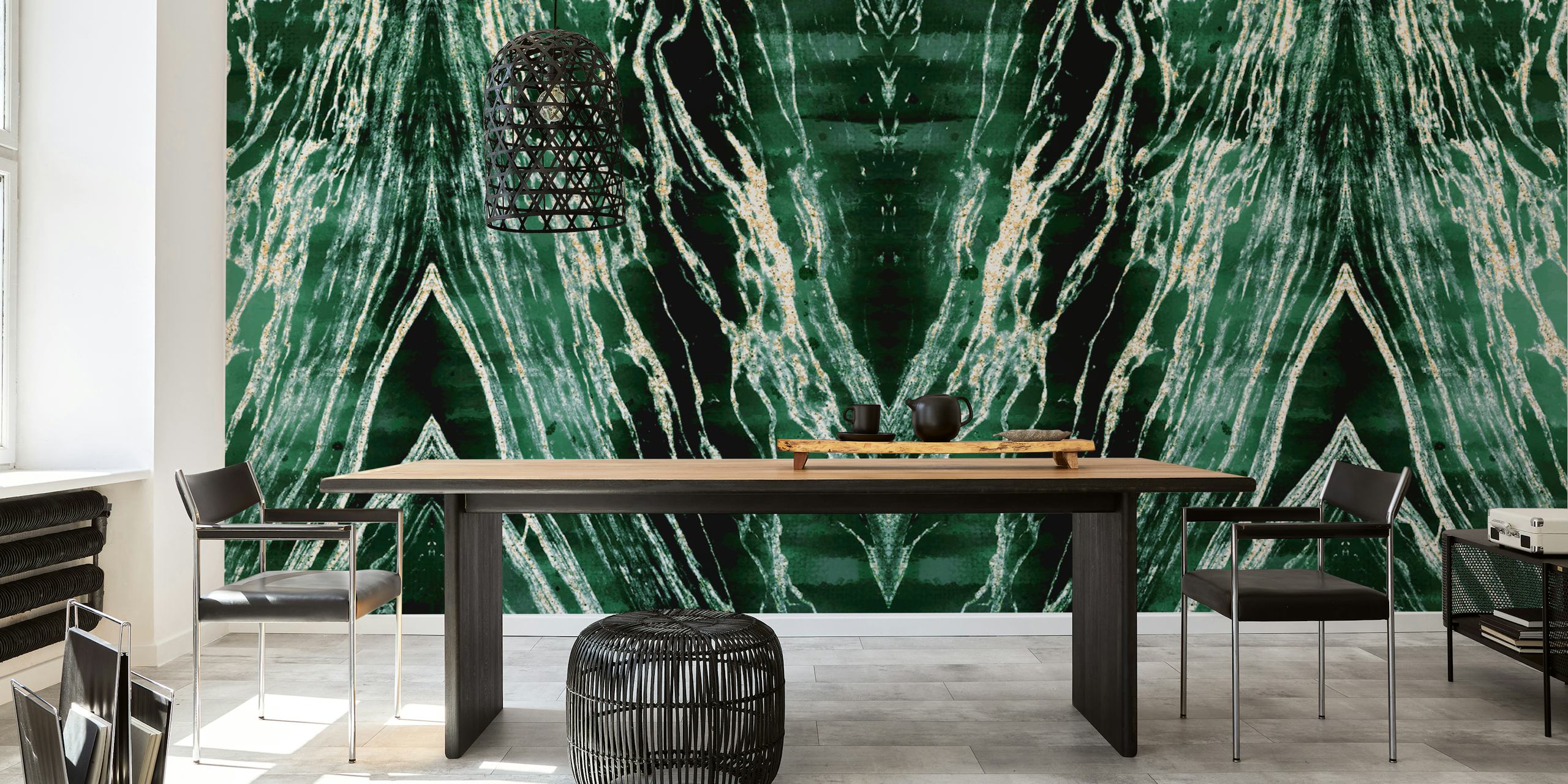 Emerald sparkles marbling wallpaper displayed in a room