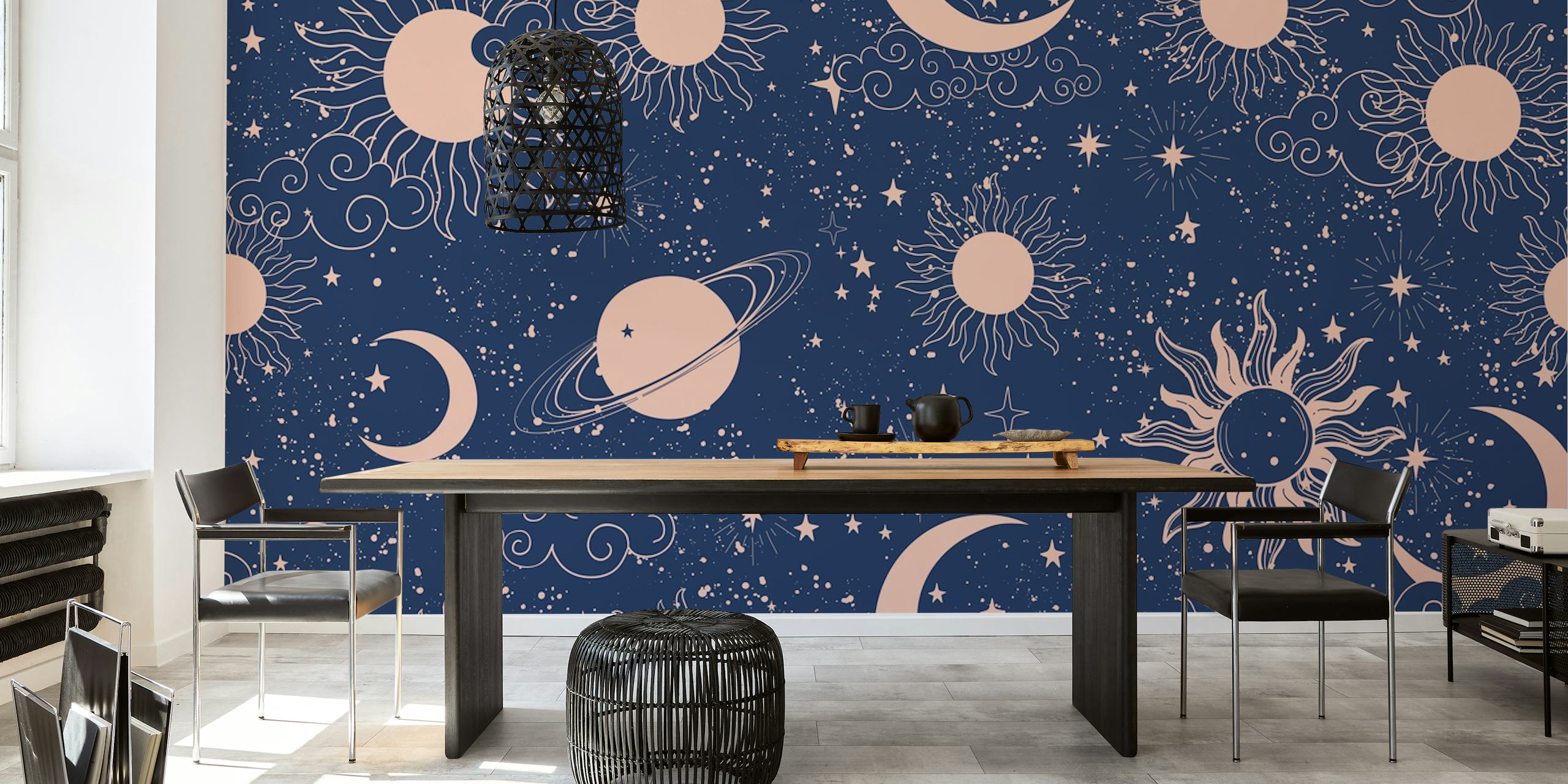 Celestial wallpaper featuring suns, moons, stars in navy and peach colors.