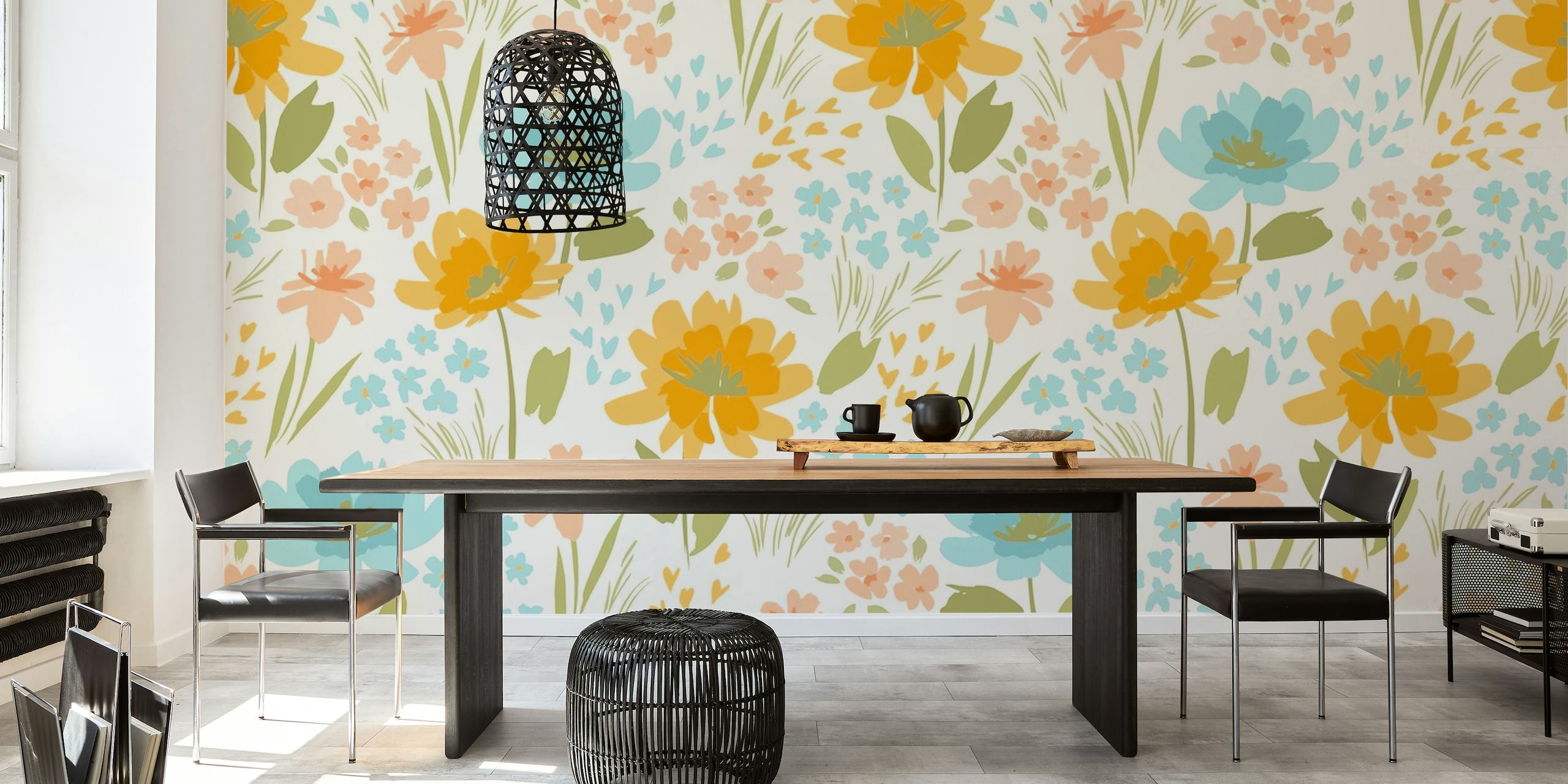 Bright and sunny floral wall mural with orange, yellow, and blue flowers