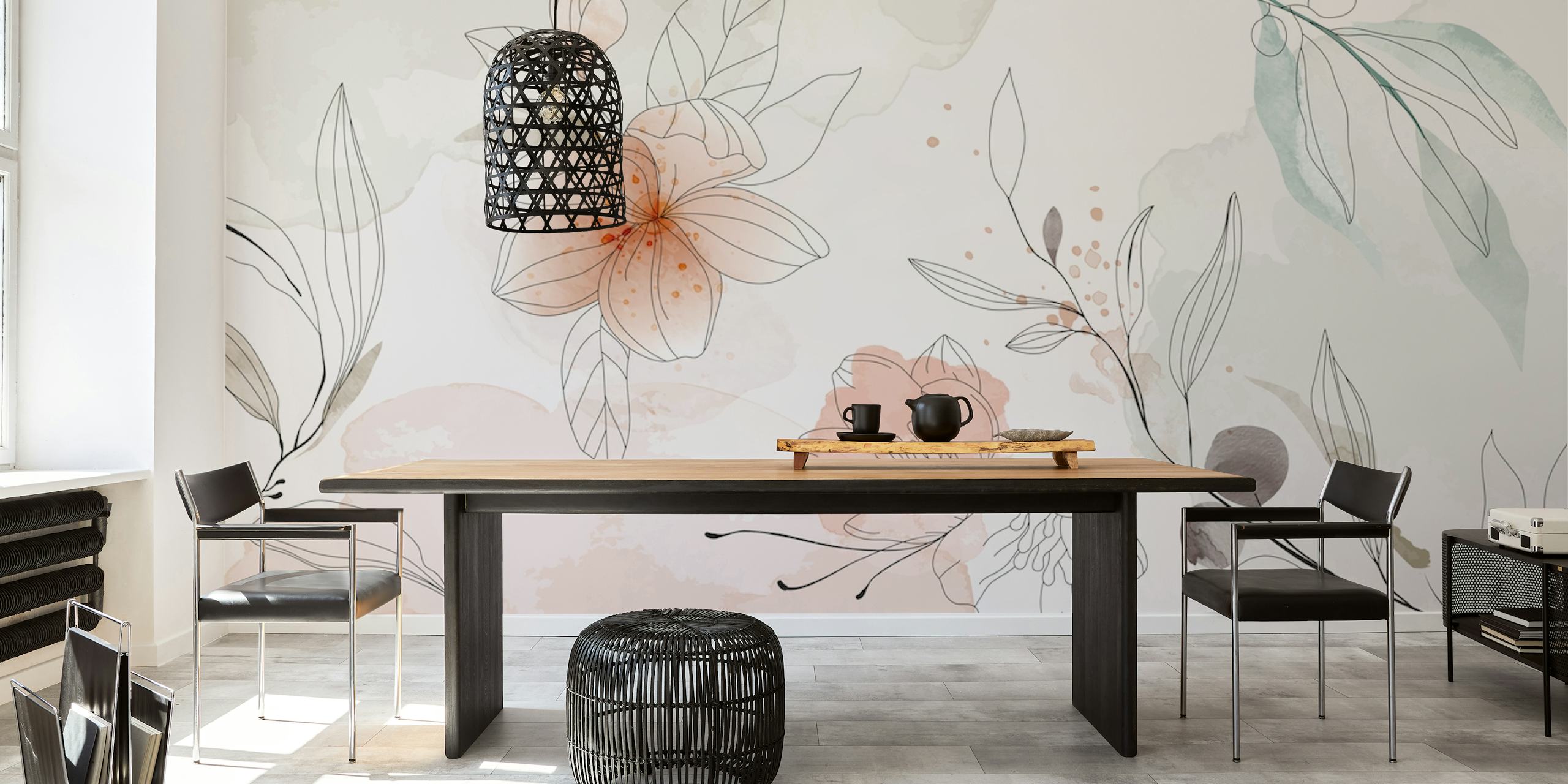 Stunning Botanical Line Art Wallpaper with intricate floral designs