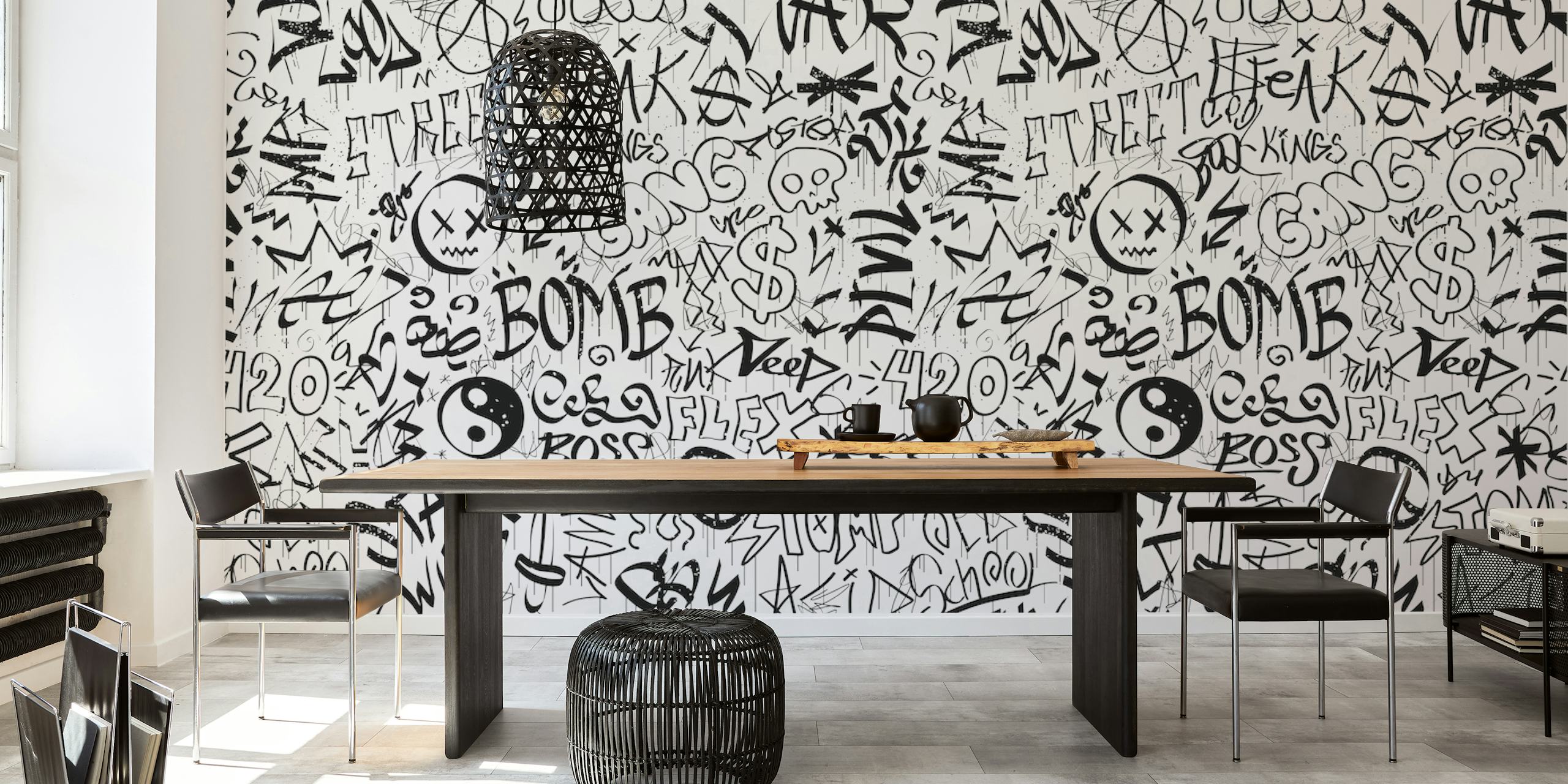 Black and white graffiti lettering wallpaper design