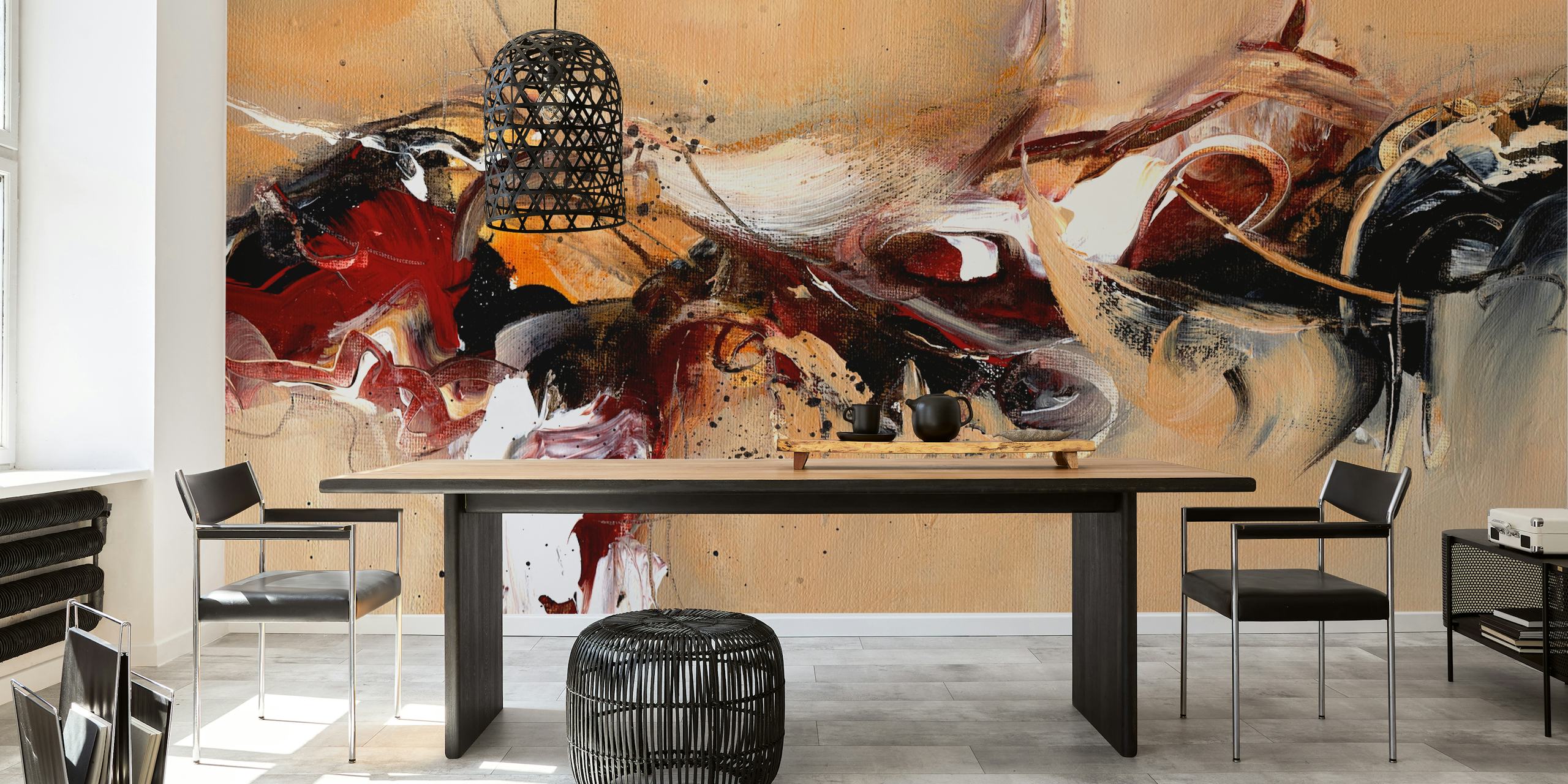Abstract red, black, and beige design wallpaper