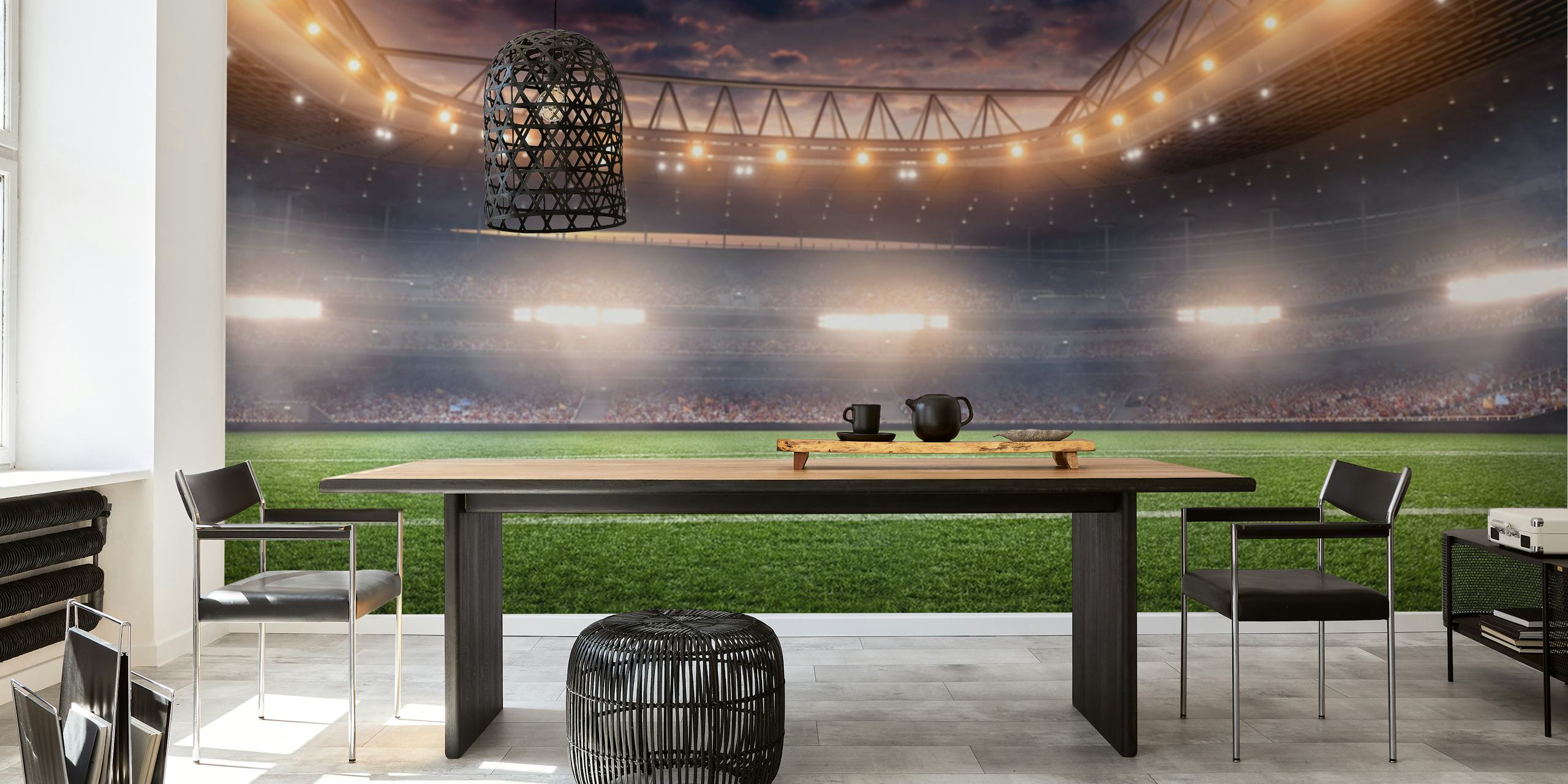 Soccer field in stadium with bright lights and green grass wallpaper