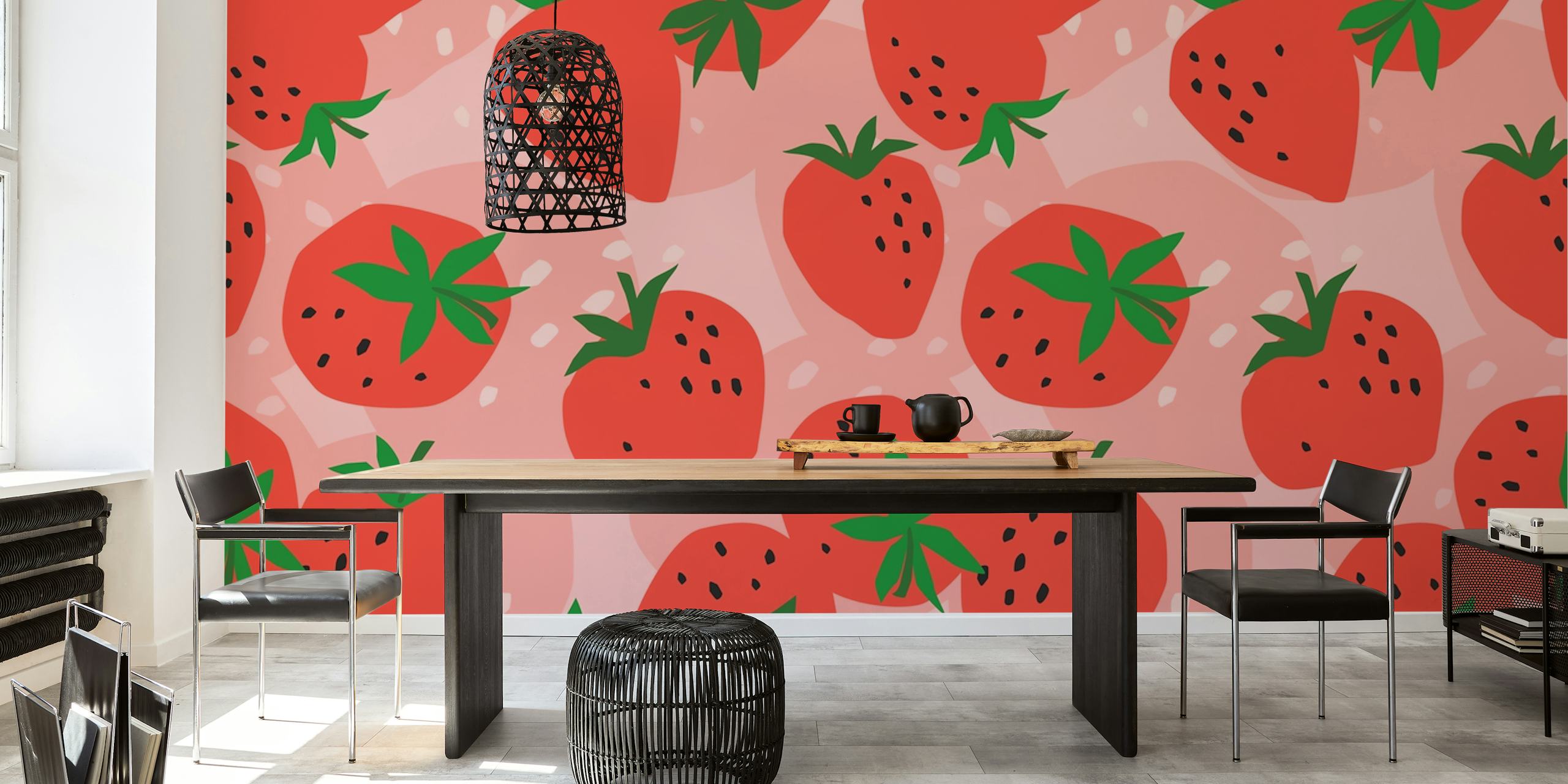 Red strawberries with green leaves on pink background wallpaper