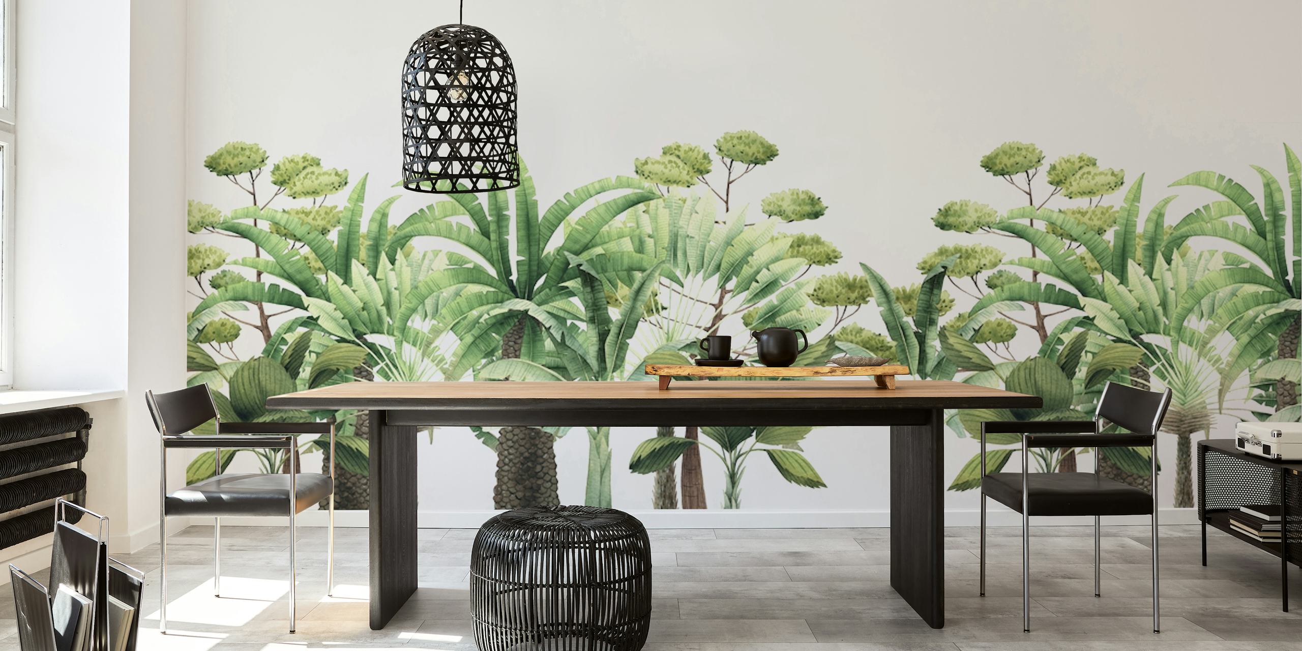 Tropical trees with lush green leaves and trunks wallpaper