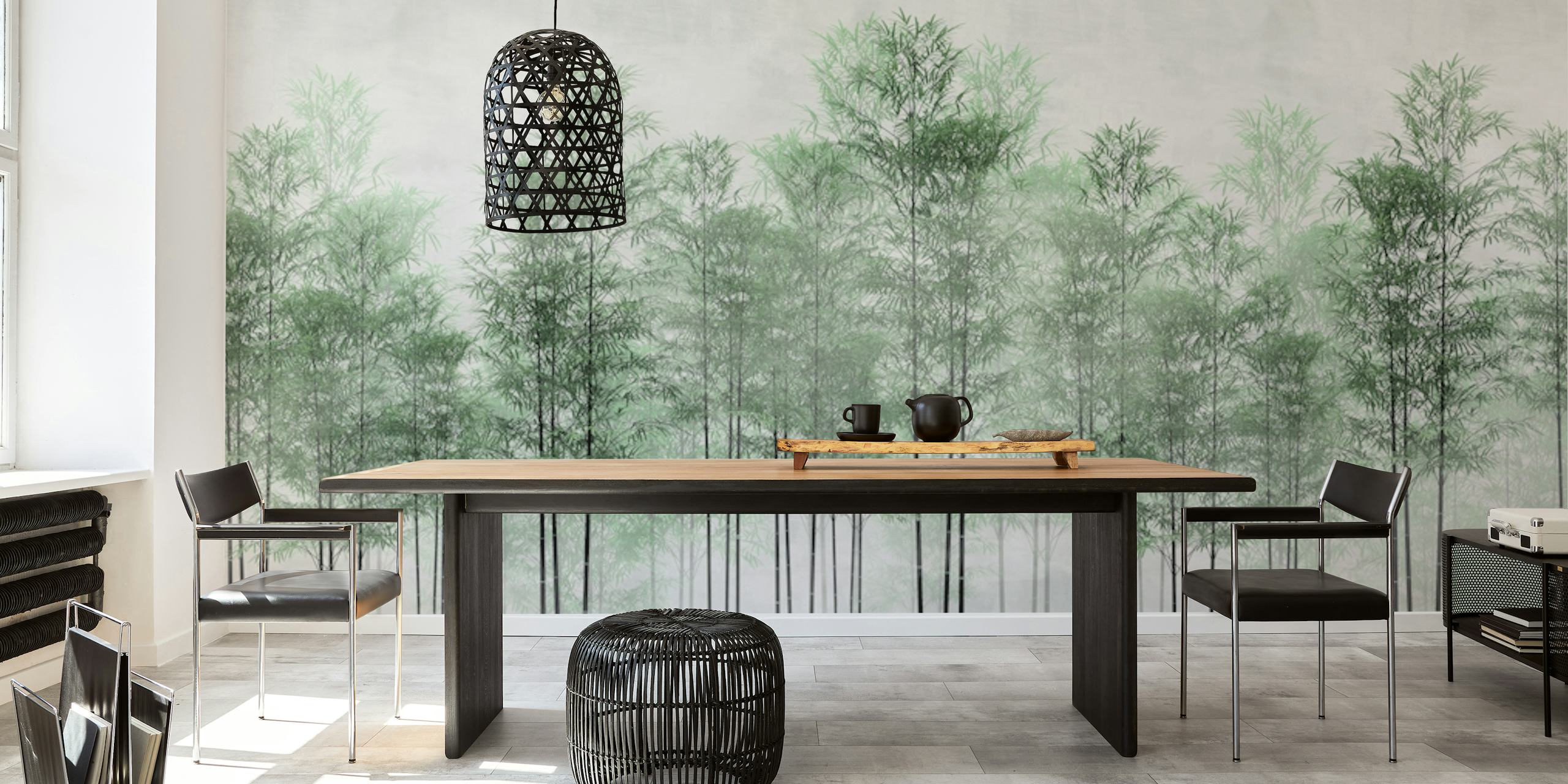 Bamboo trees in soft green tones on a light background wallpaper