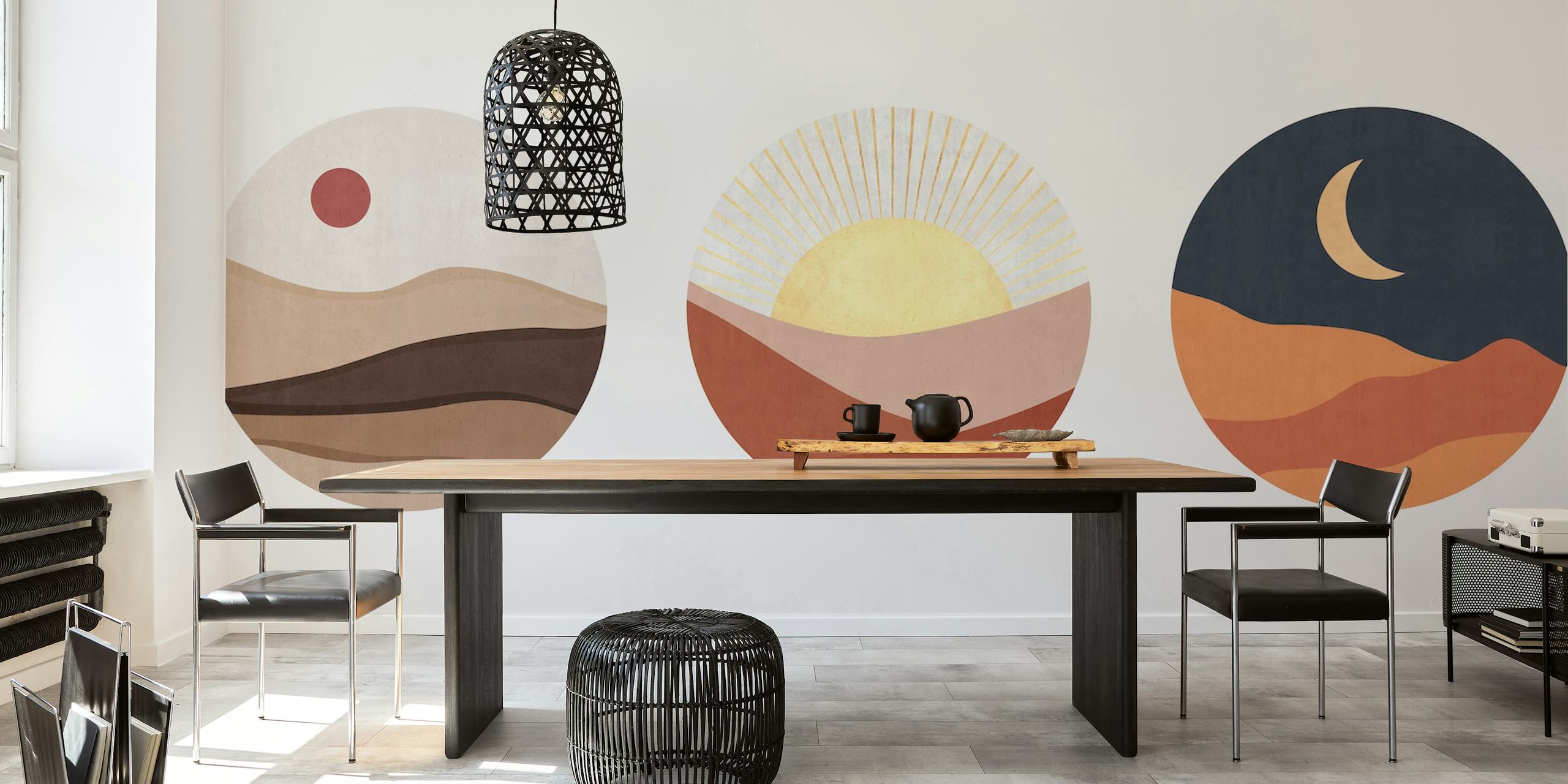 Abstract landscapes in earth tones with sun and moon elements, Boho wallpaper