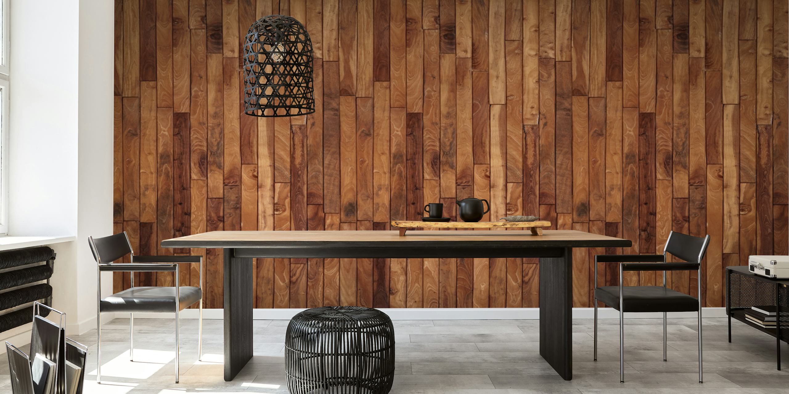 Rustic wooden plank wallpaper in various brown hues, textured design