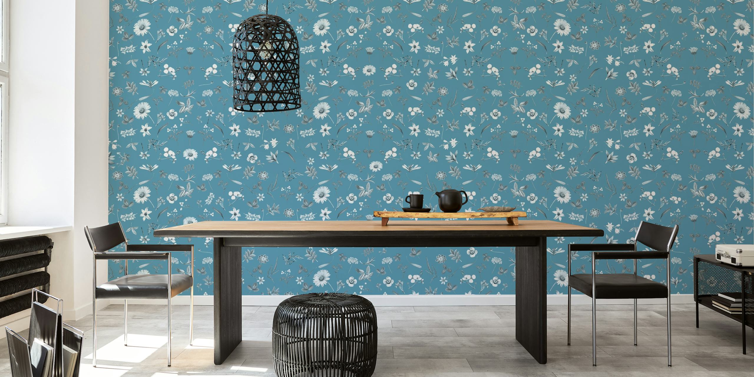 Floral pattern on blue background wallpaper