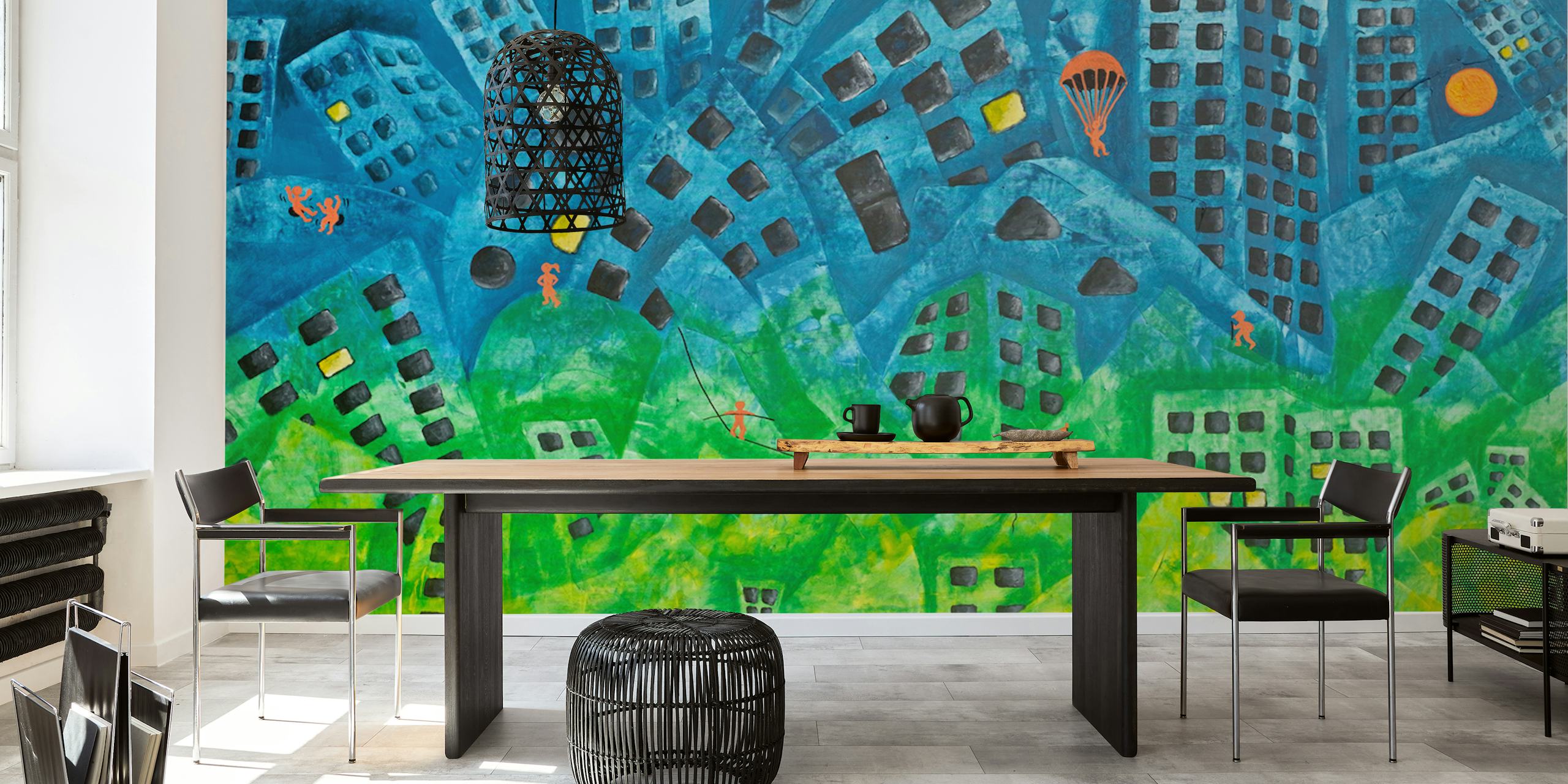 Colorful abstract urban landscape with buildings and figures wallpaper