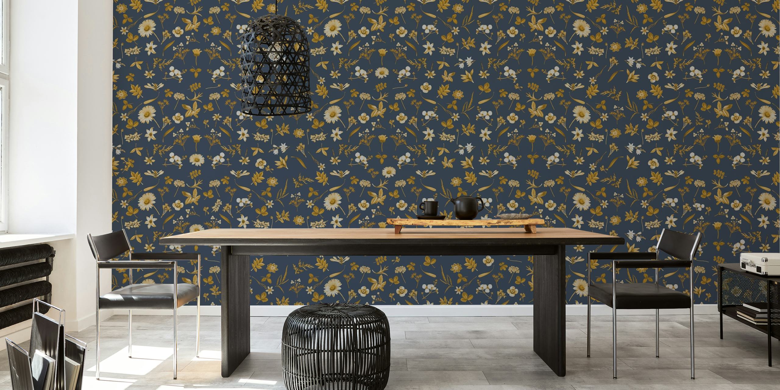 Navy floral wallpaper with gold and white flowers