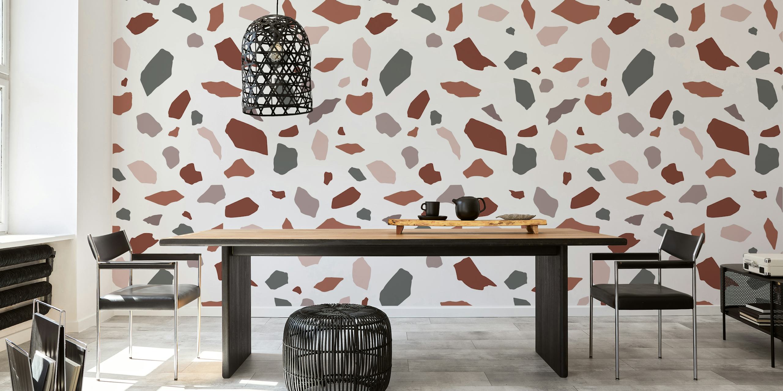 Mosaic Abstract 3 seinämaalaus maanläheisillä terrakotta-, pinkin ja harmaan sävyillä abstraktissa kuviossa