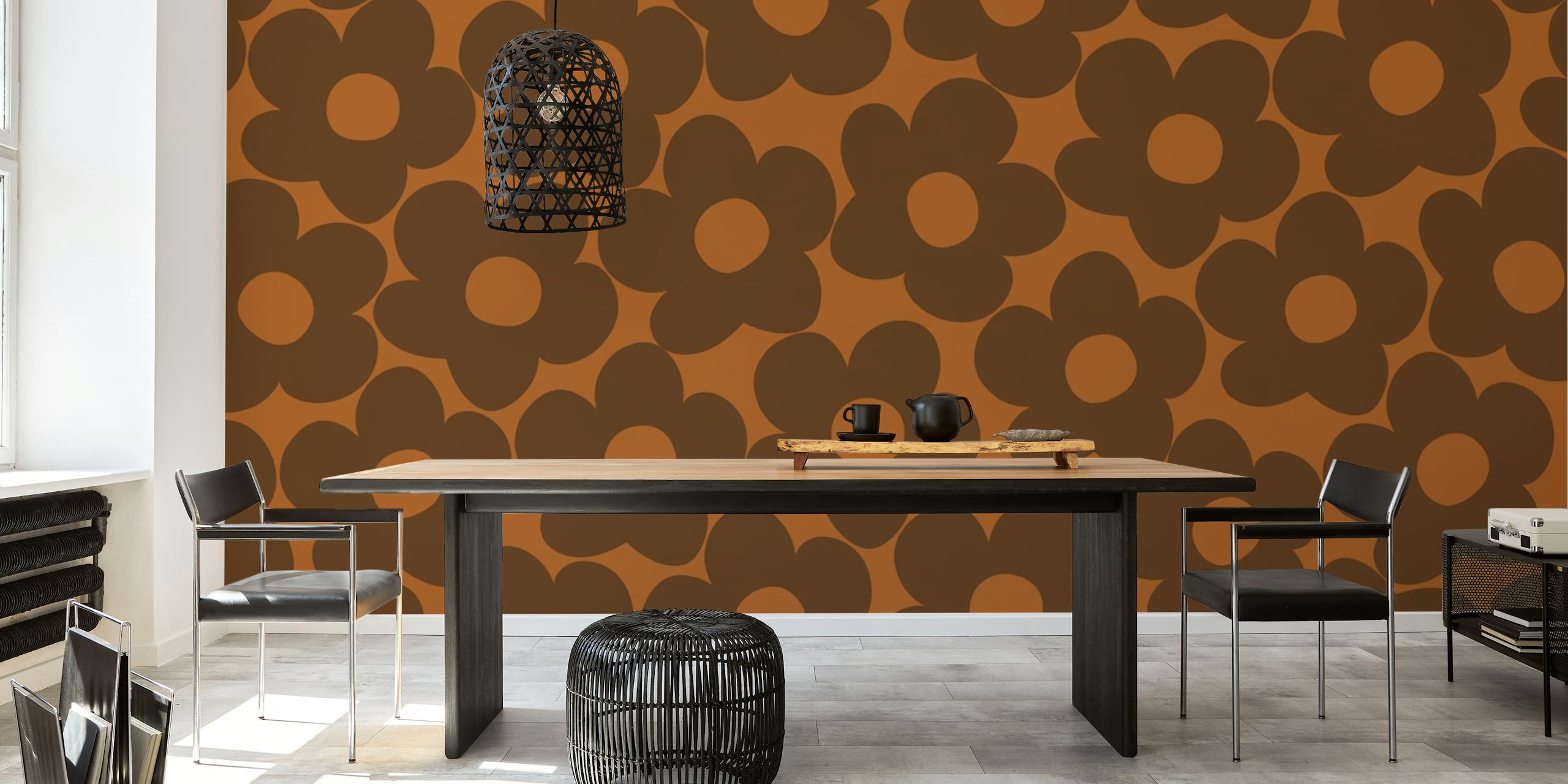 Vintage style wall mural with brown background and retro daisy patterns