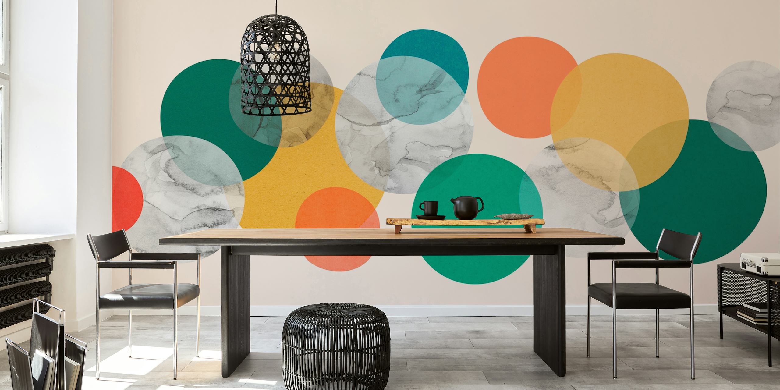 Geometric modern art wallpaper weergegeven in een kamer